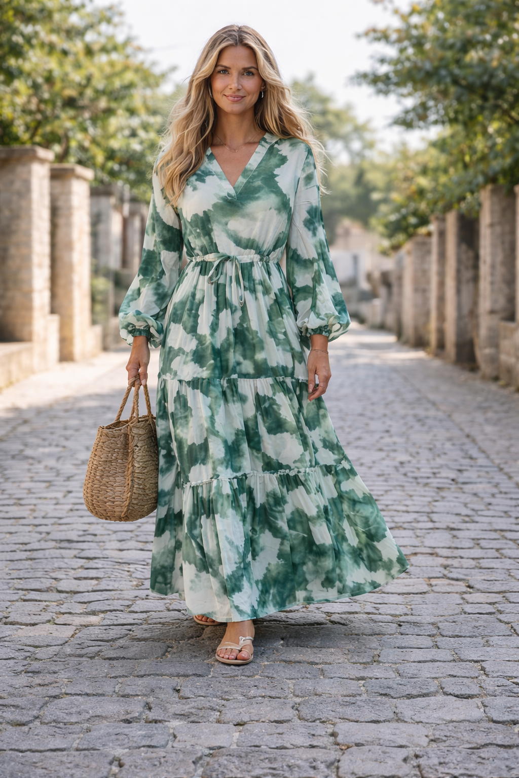 Flowy Design Maxi Boho Dress with Long Sleeves V-neck
