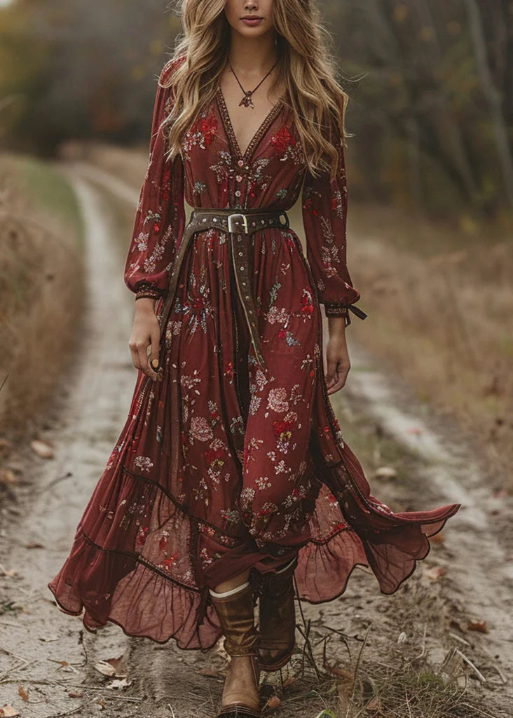 Bohemian Mulberry V Neck Print Chiffon Long Boho Dress
