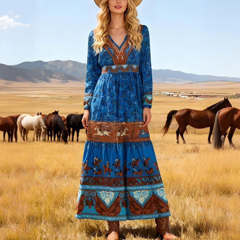 Blue Cowboy Pattern V-Neck Boho Maxi Dress