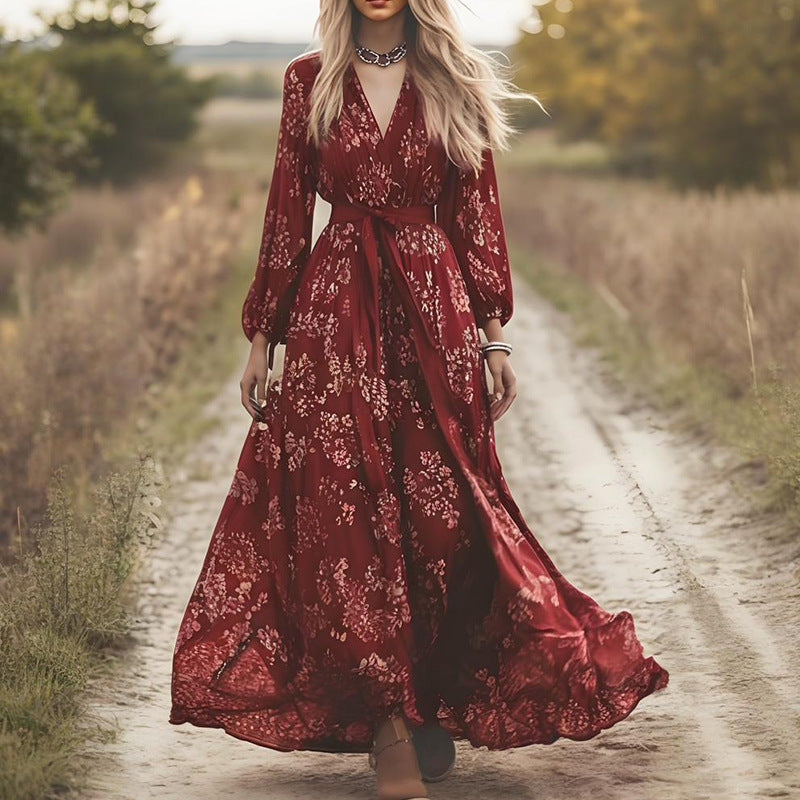 Wine Red Boho Floral Maxi Boho Dress