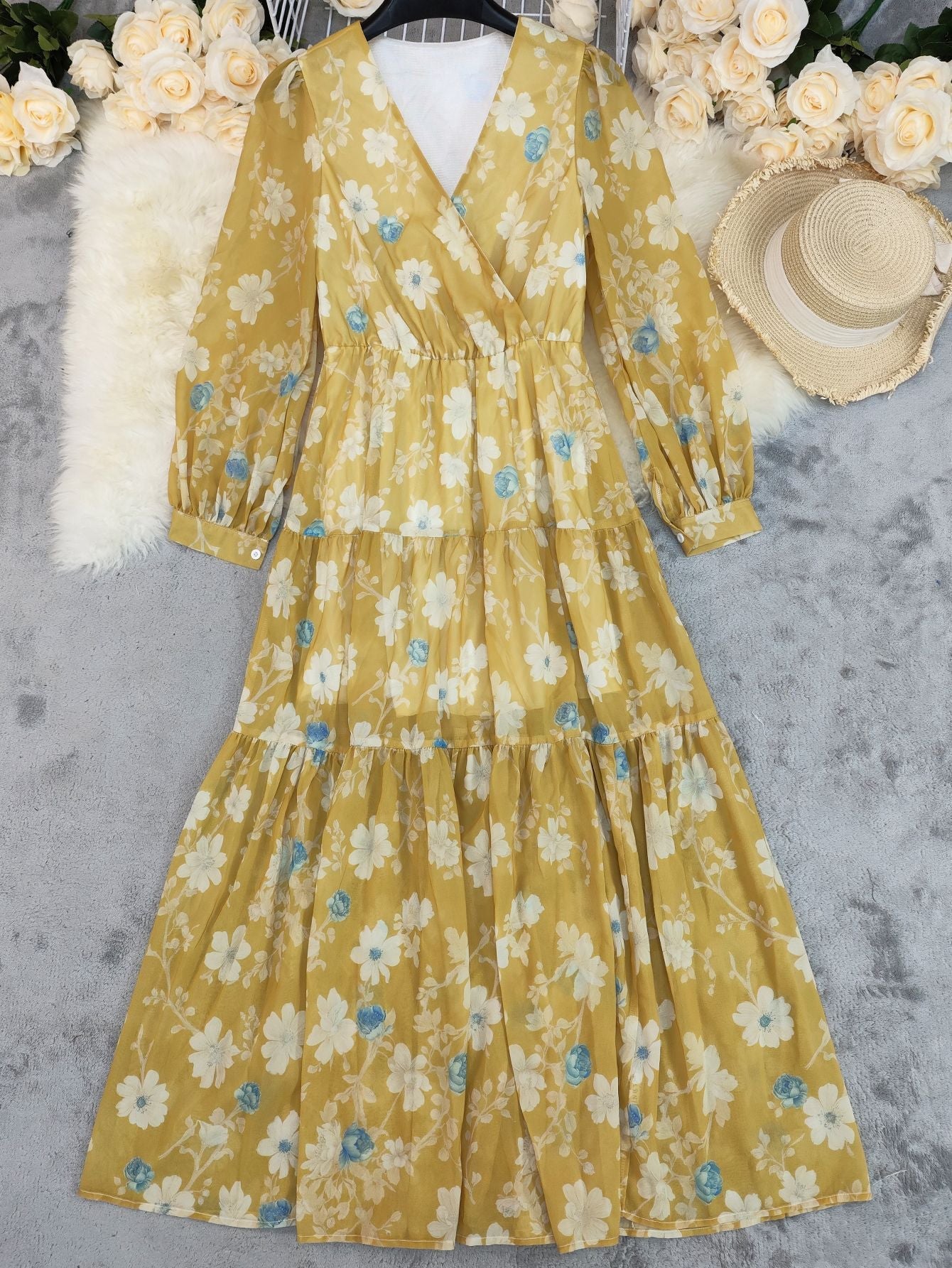 Yellow Floral V-Neck Maxi Boho Summer Dress