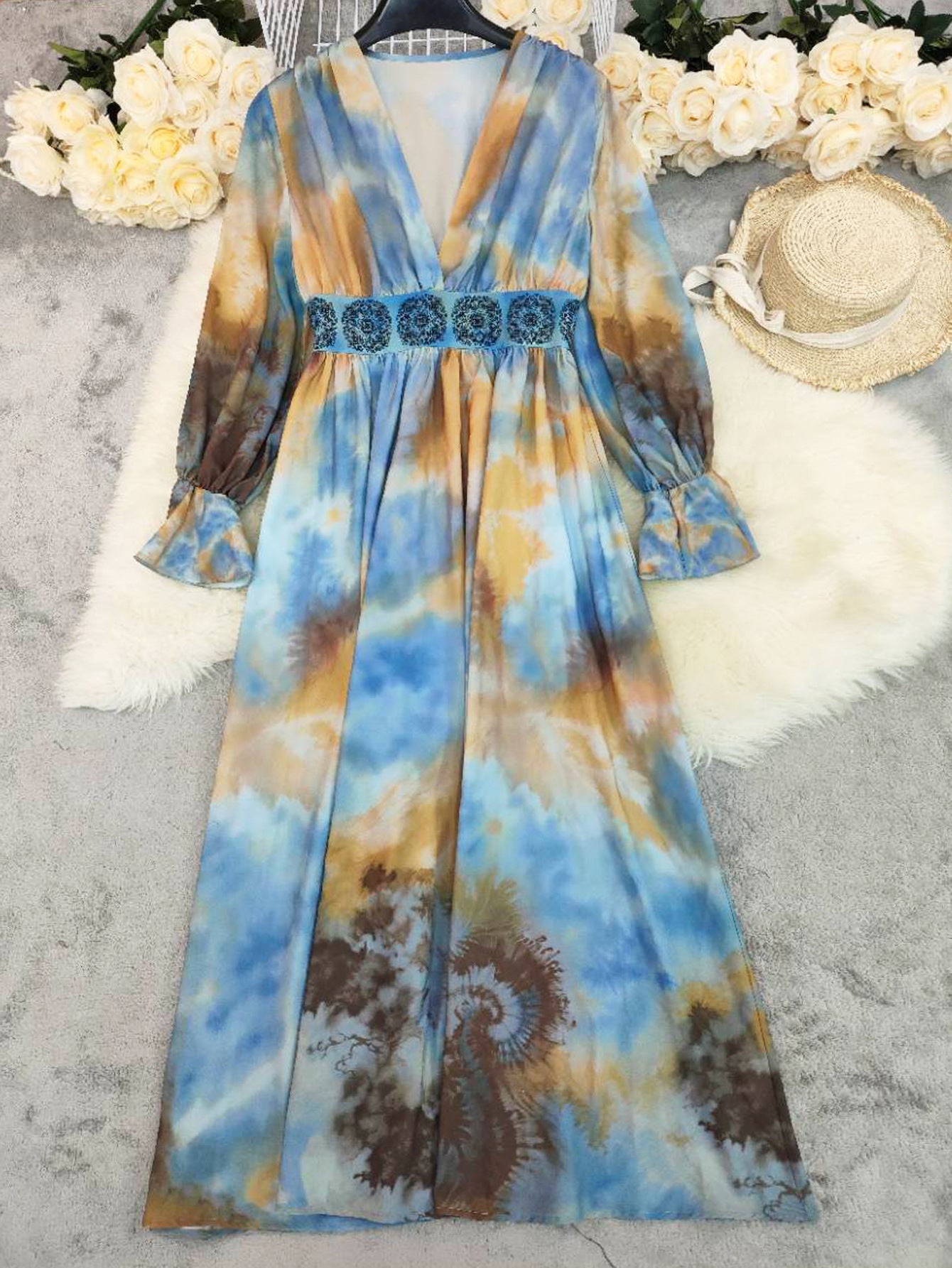 Boho Tie-Dye Embroidered Maxi Dress