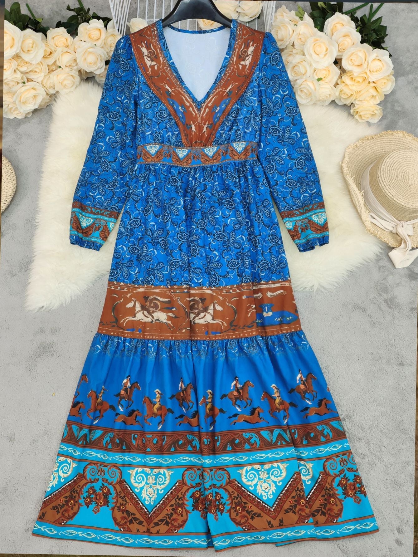 Blue Cowboy Pattern V-Neck Boho Maxi Dress