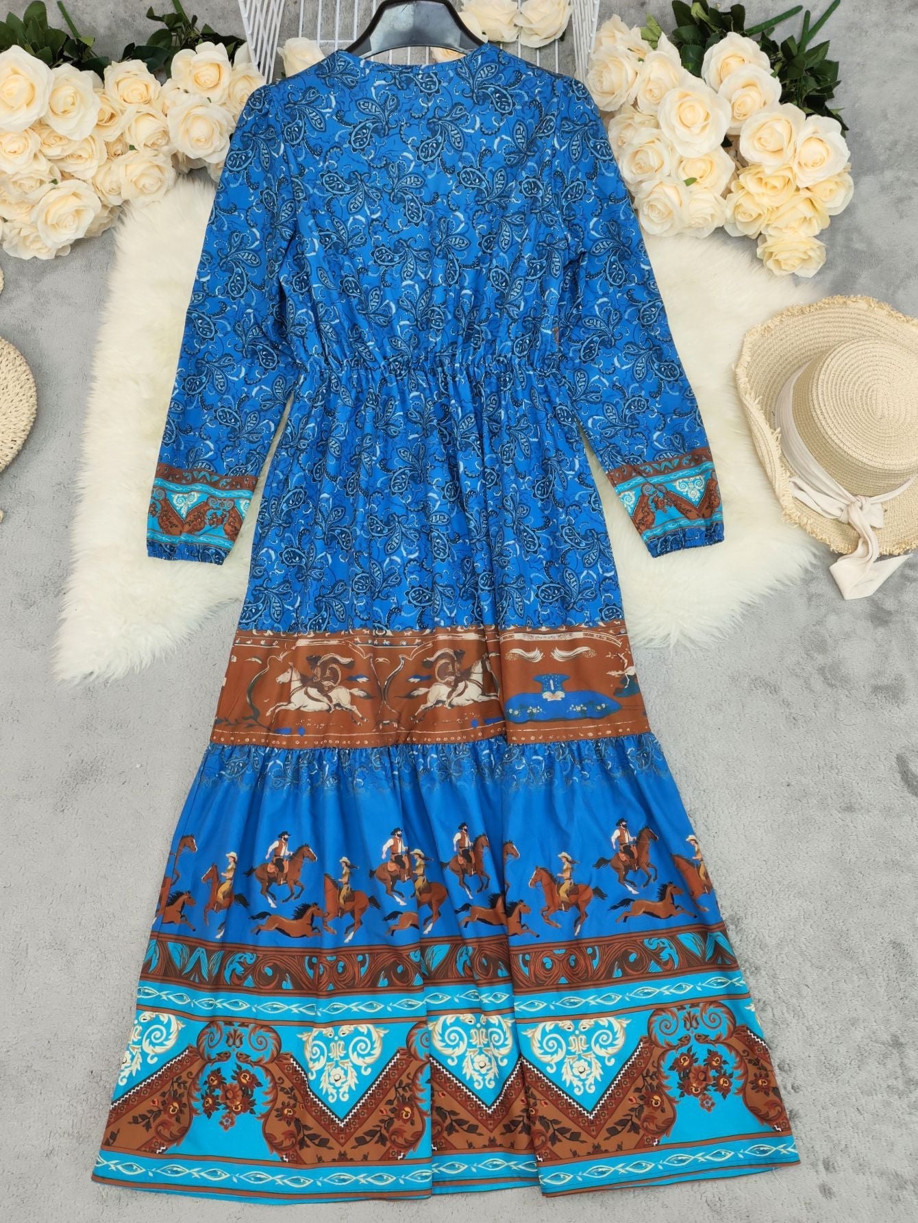 Blue Cowboy Pattern V-Neck Boho Maxi Dress