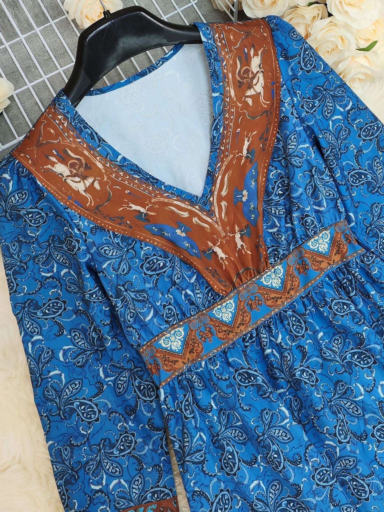 Blue Cowboy Pattern V-Neck Boho Maxi Dress