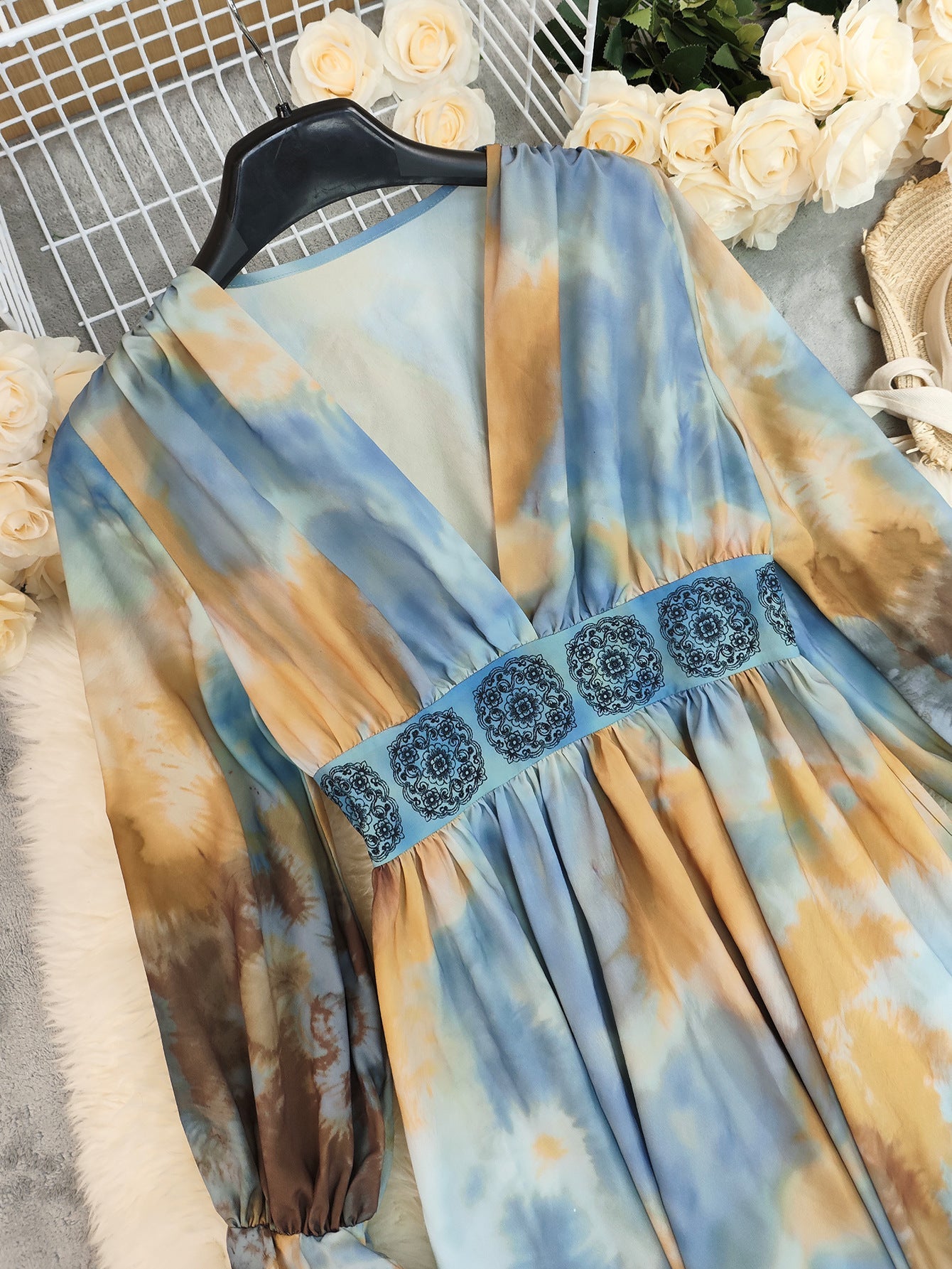 Boho Tie-Dye Embroidered Maxi Dress