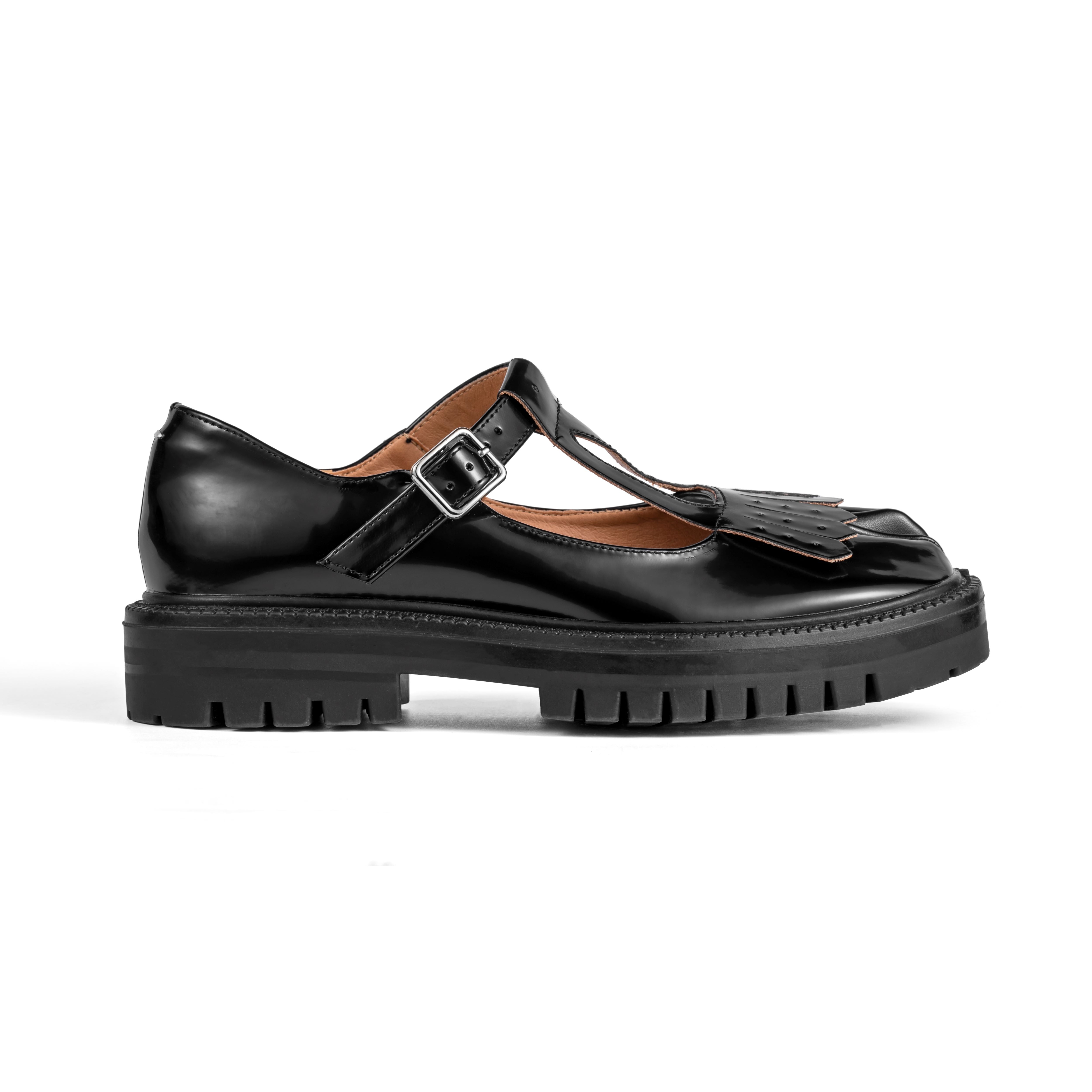 Black Patent Leather Fringed Tabi Mary-Janes Loafers