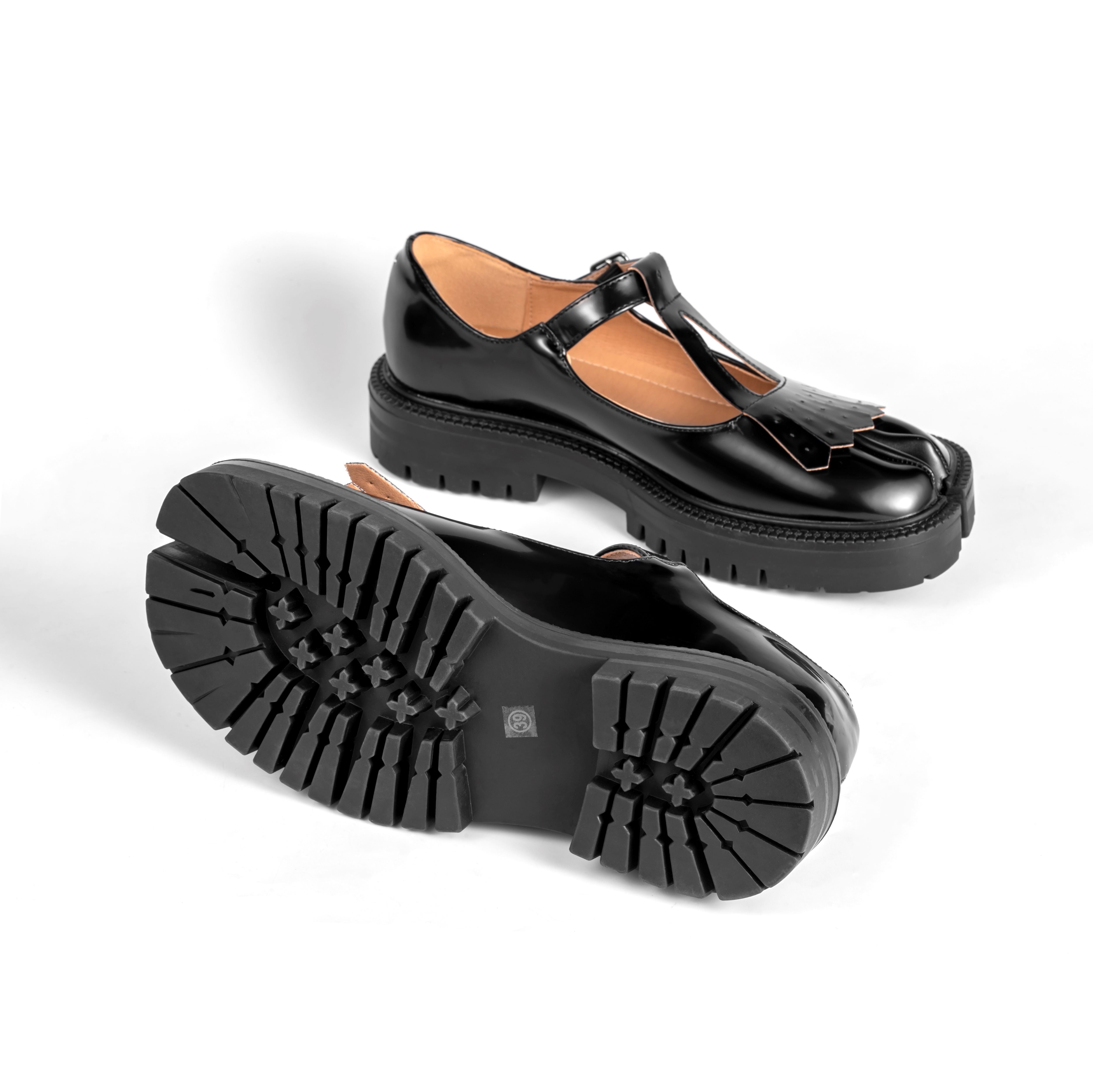 Black Patent Leather Fringed Tabi Mary-Janes Loafers