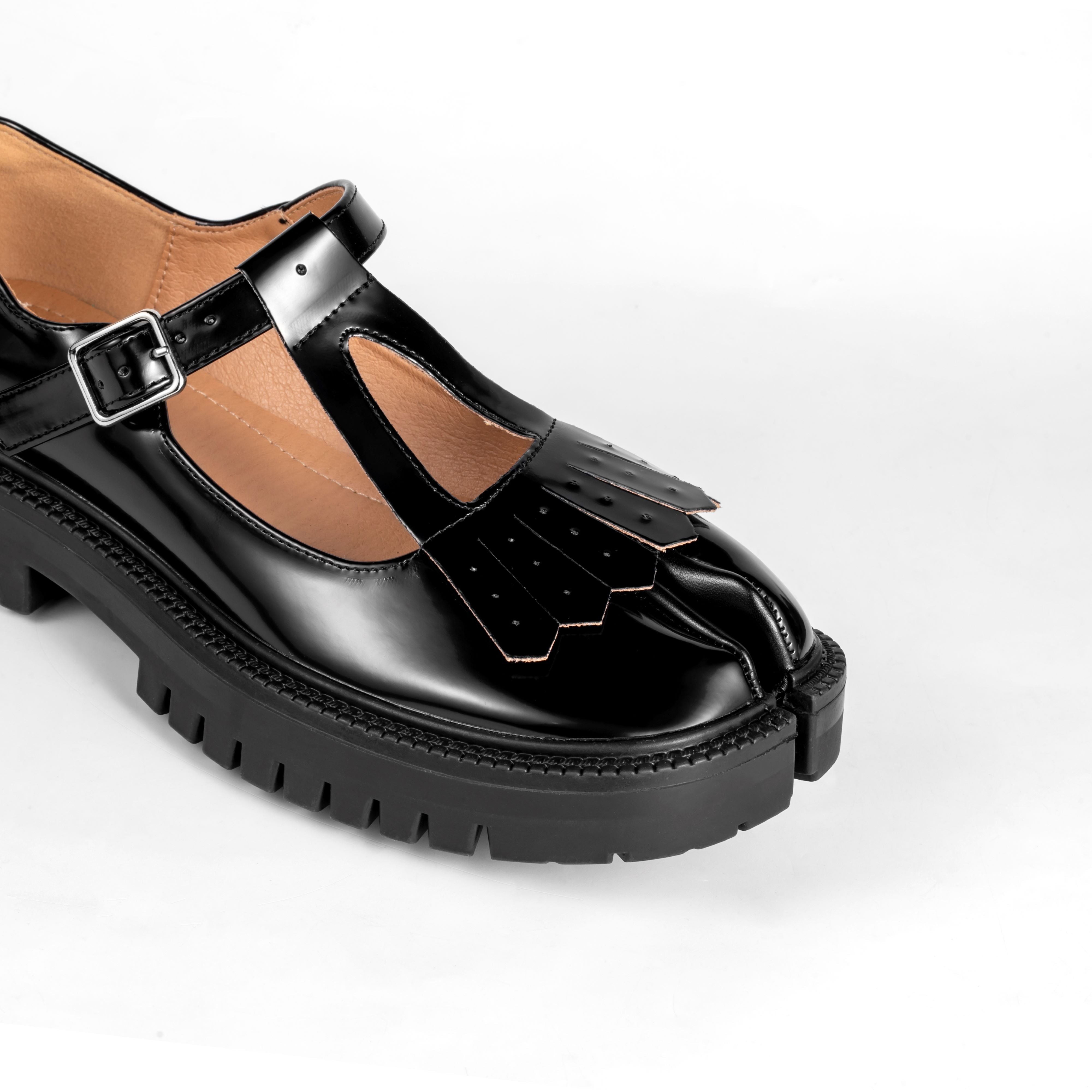 Black Patent Leather Fringed Tabi Mary-Janes Loafers
