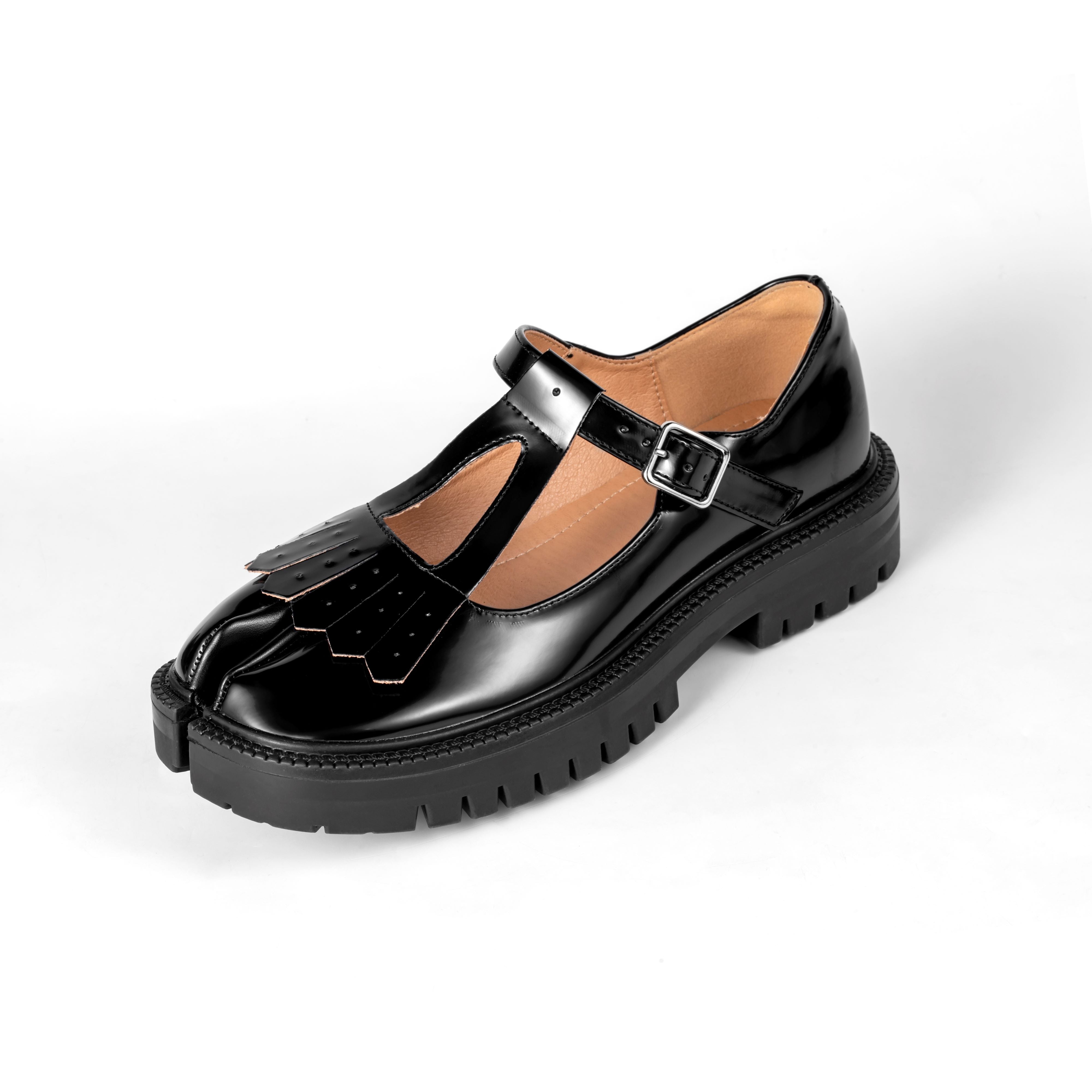 Black Patent Leather Fringed Tabi Mary-Janes Loafers