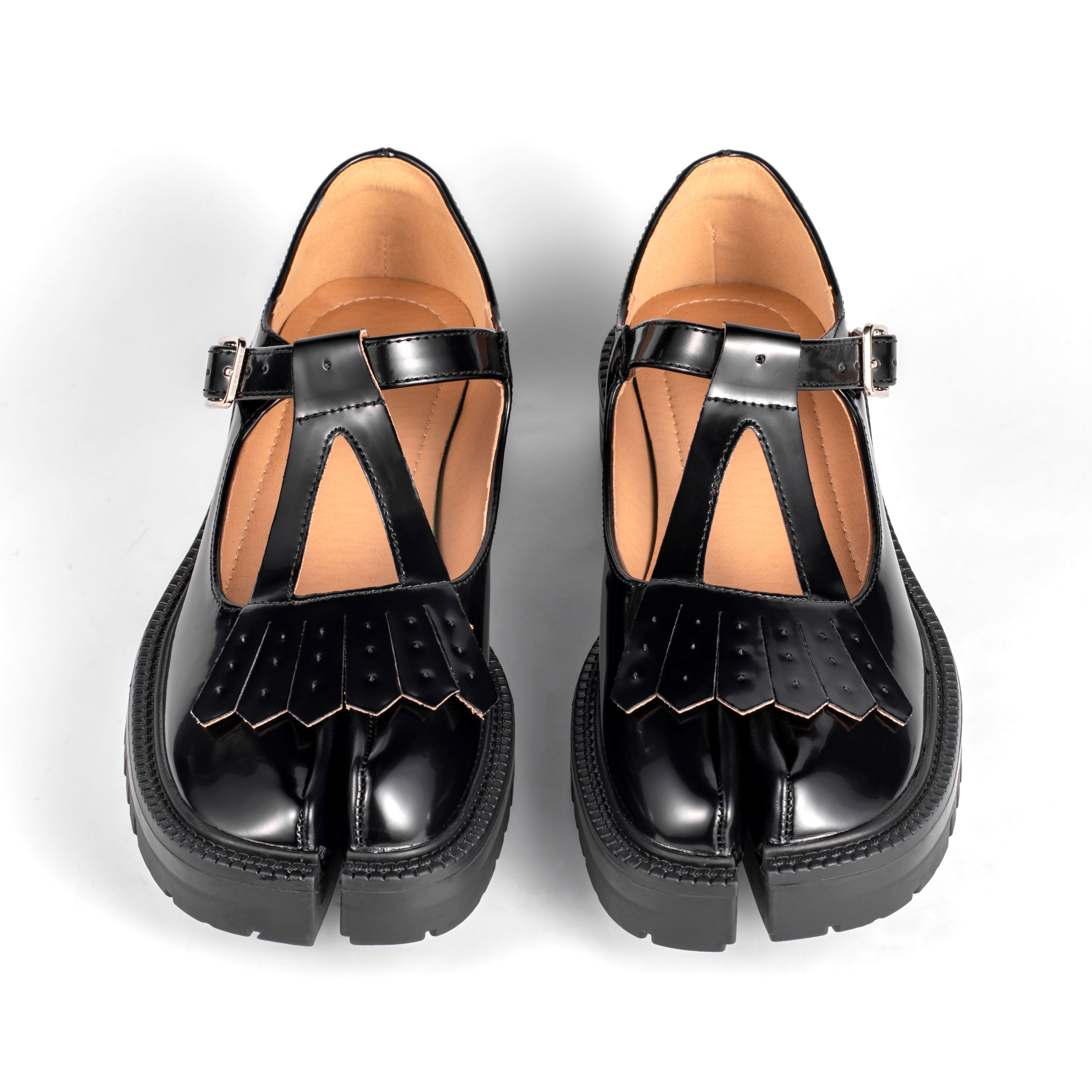Black Patent Leather Fringed Tabi Mary-Janes Loafers