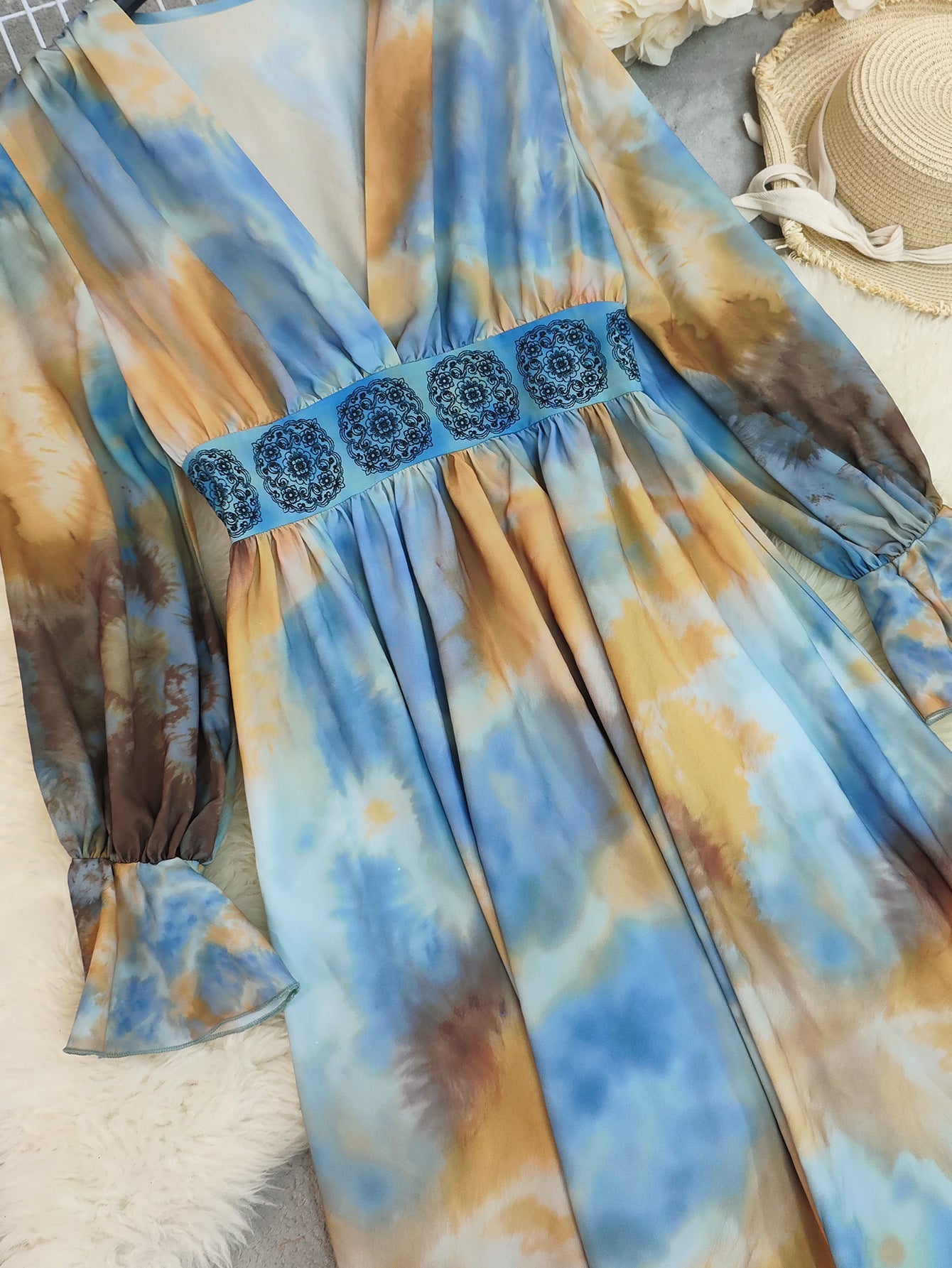 Boho Tie-Dye Embroidered Maxi Dress