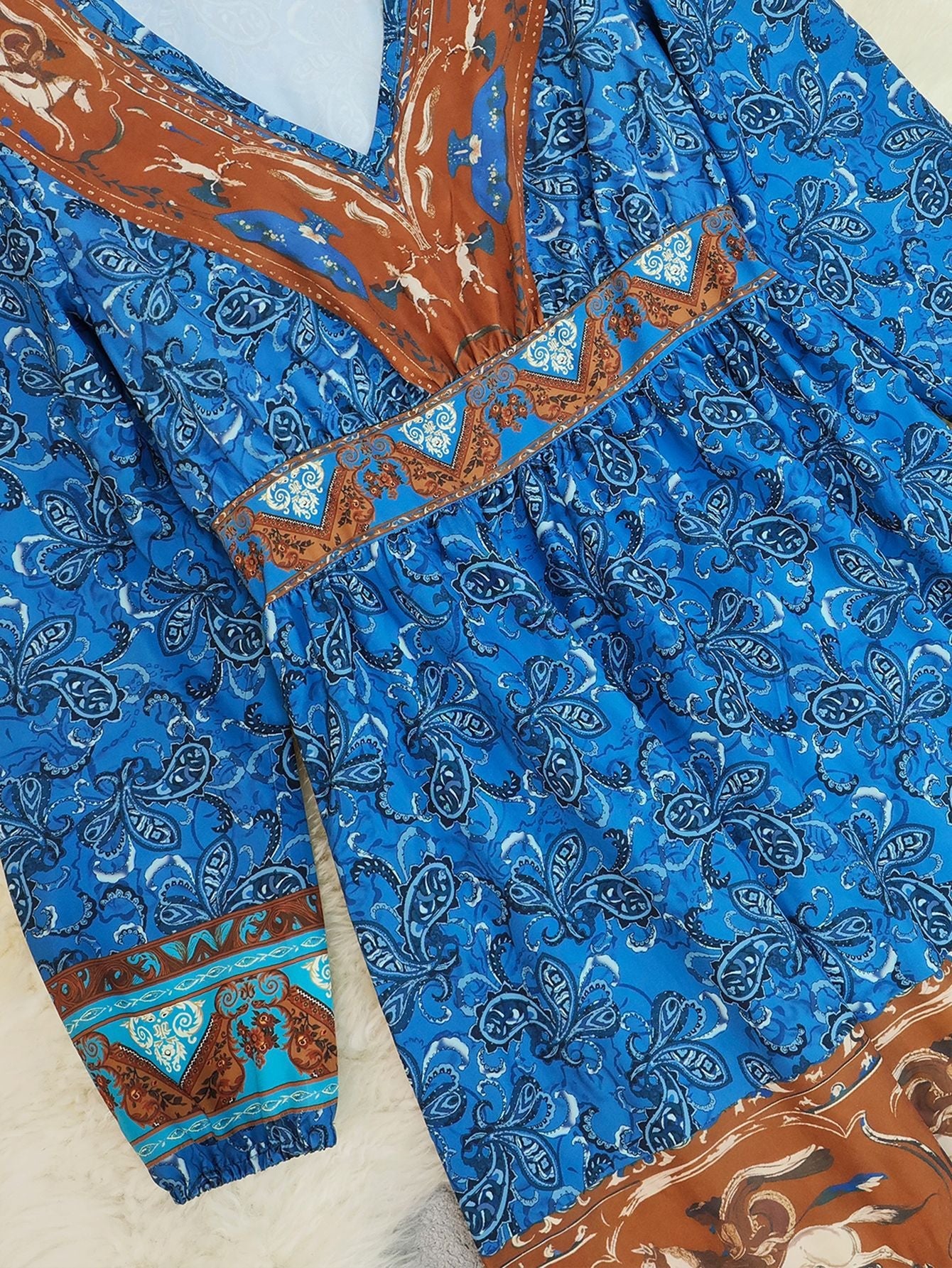 Blue Cowboy Pattern V-Neck Boho Maxi Dress