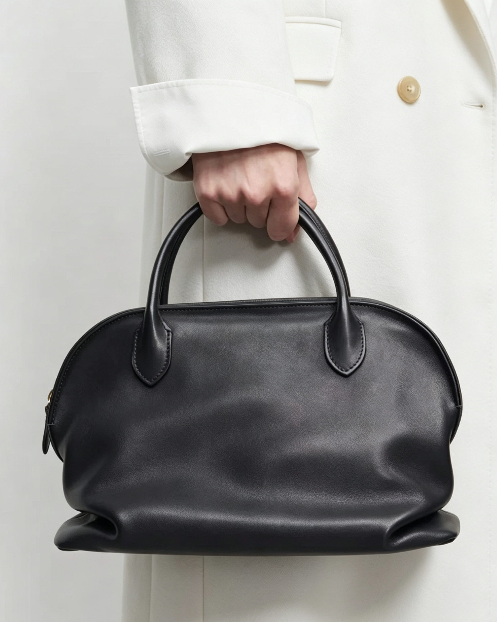 Polished Saddle Calfskin Agnes Leather Bag Black