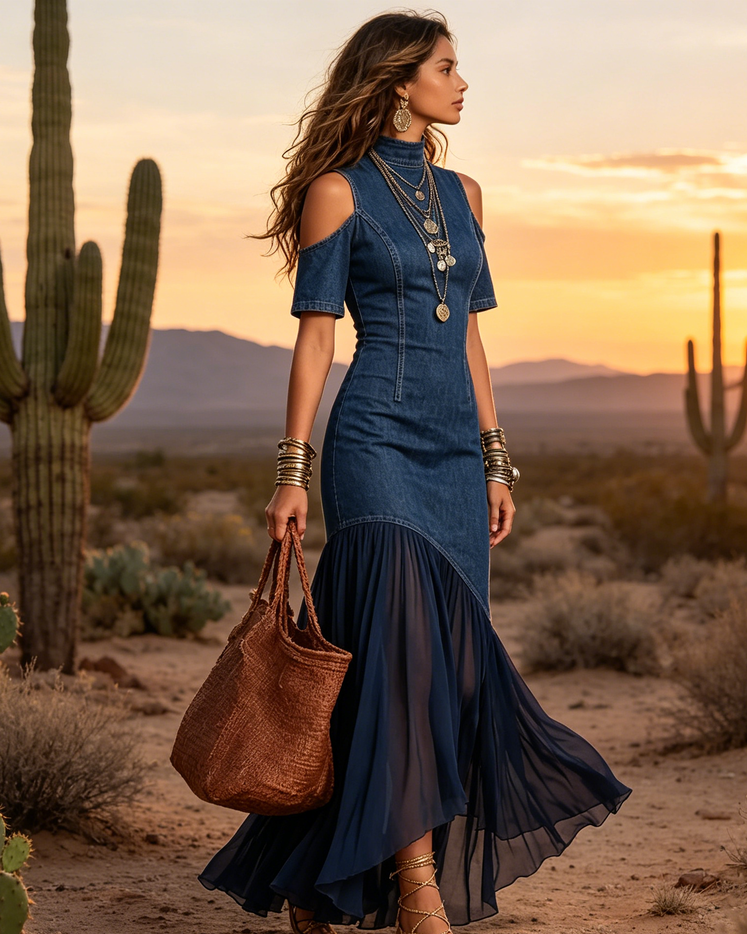 Denim Halter Lace-Up Maxi western Dress