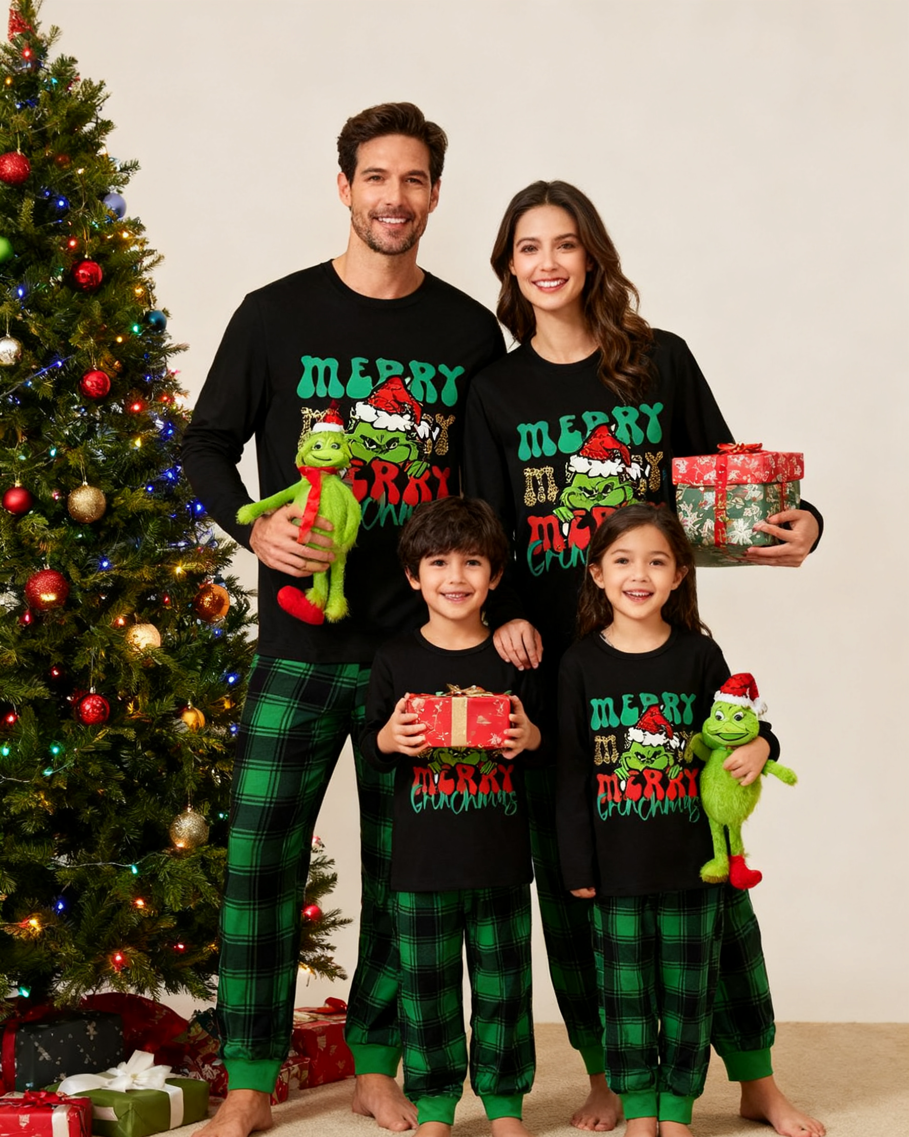 Grinch Delight-Green Plaid Family Christmas Pajamas