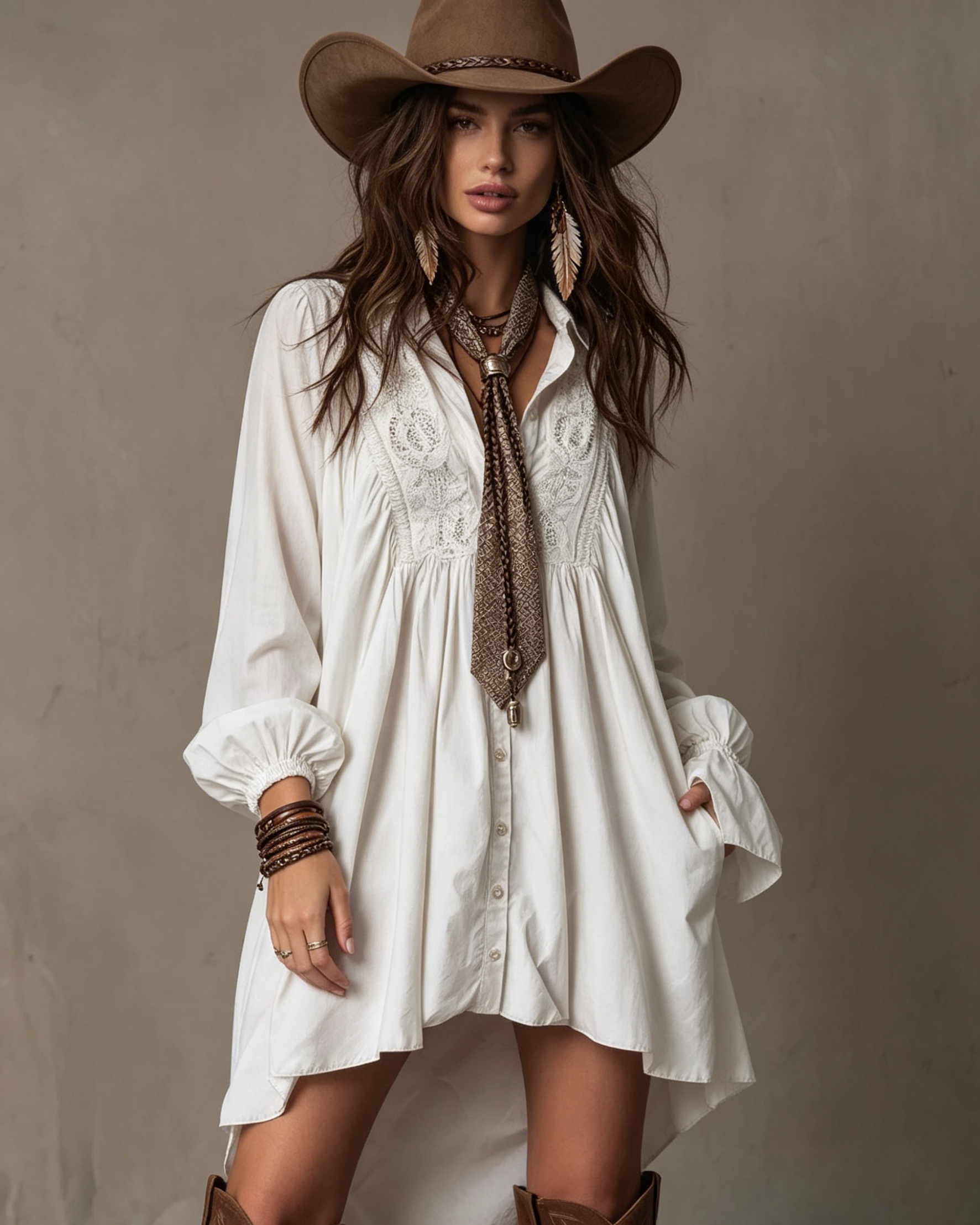 Bohemian Style White Lace Shirt Western Dress