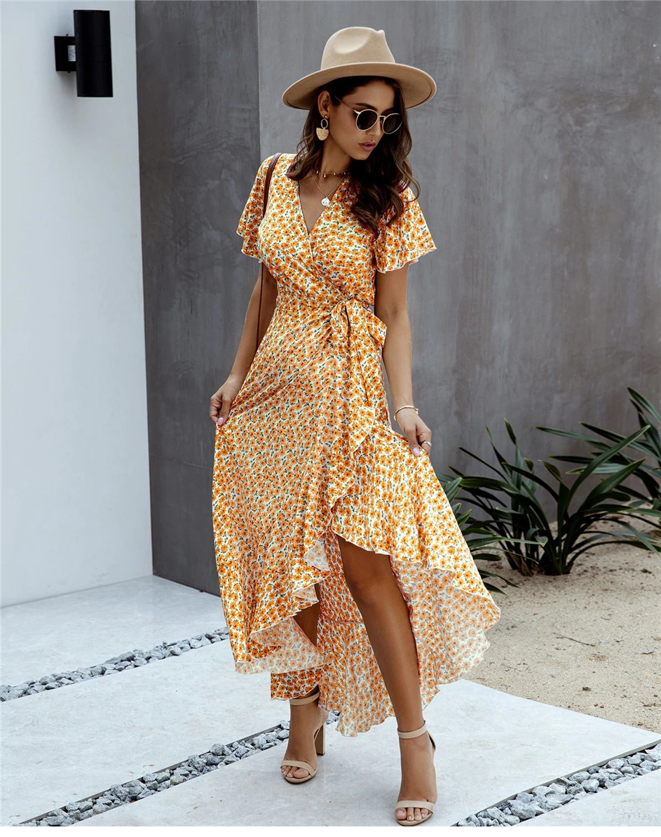 Yellow Long Floral Bohemian Split Boho Dress