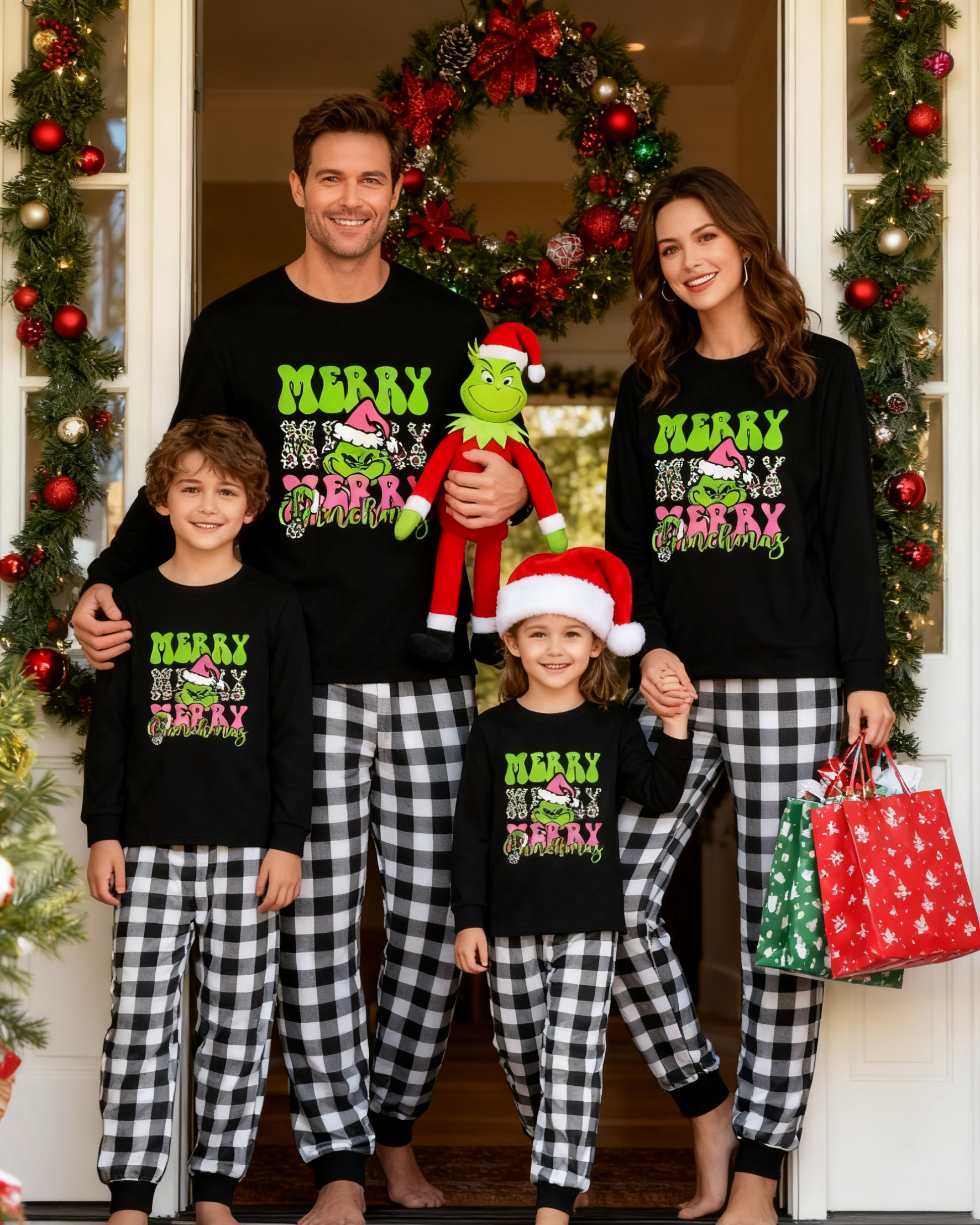 Pink Grinch-Black and White Plaid Family Christmas Pajamas