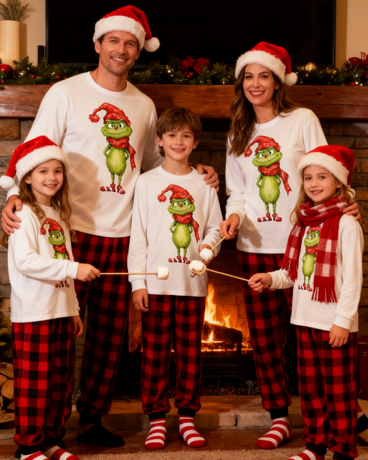 Grinch Sparkle- Red Plaid Family Christmas Pajamas
