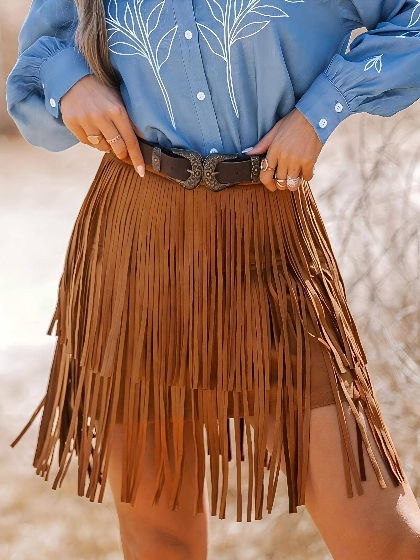 Western Prairie Nights Suede Fringe Skirt Nashville Outfit