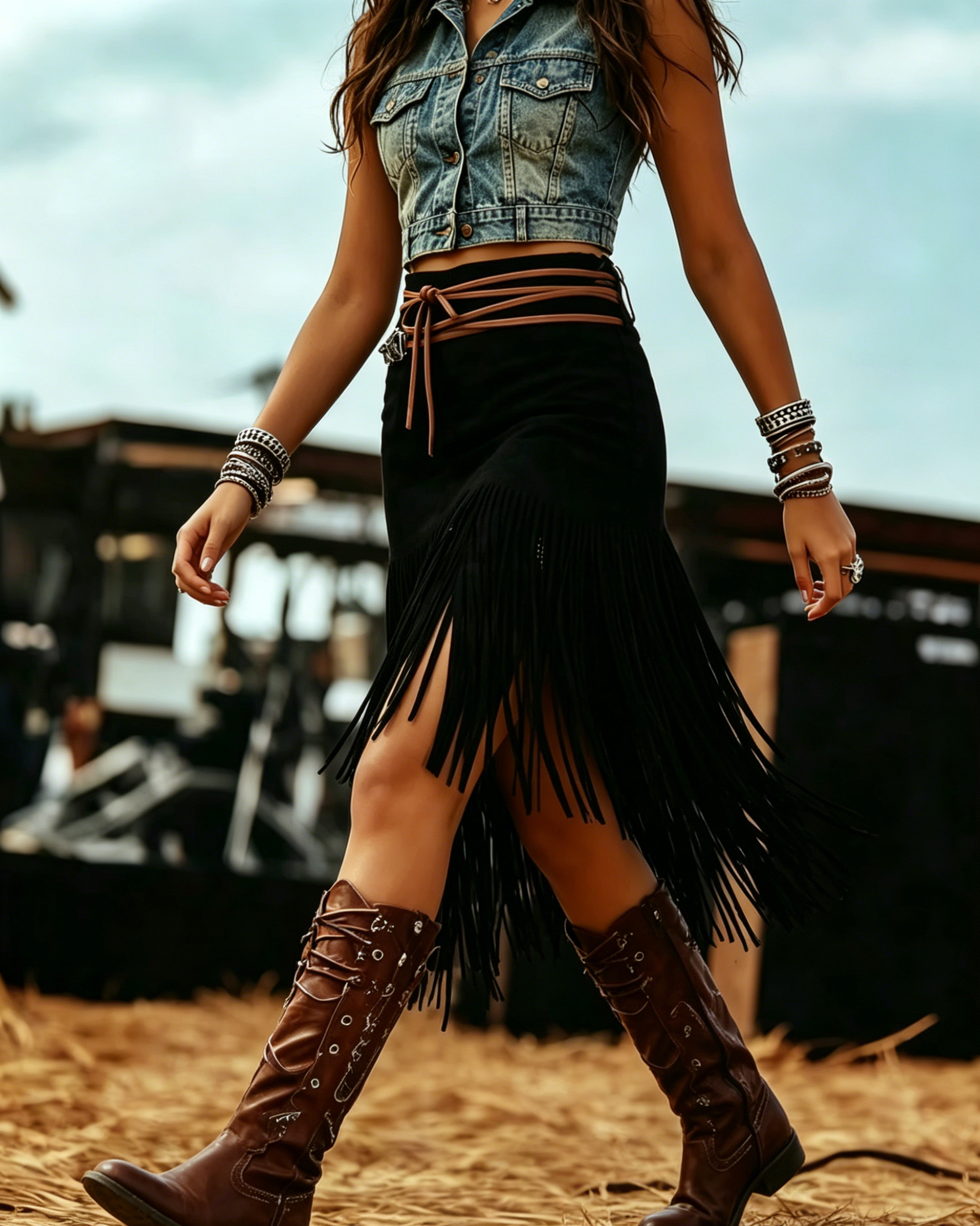 Western Style Faux Suede Fringe Midi Skirt dress