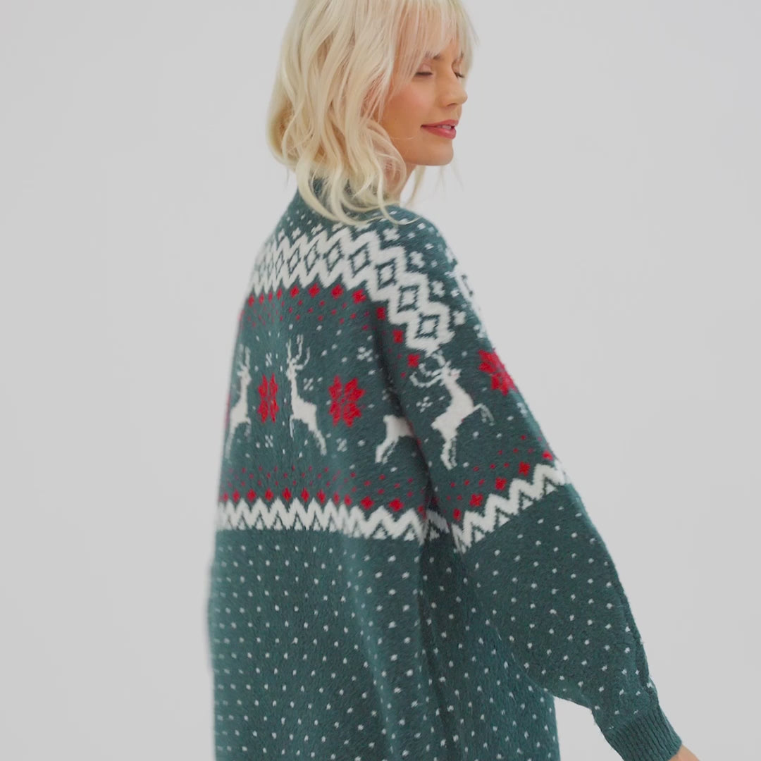 Reindeer Green Oversized Christmas Sweater Dress