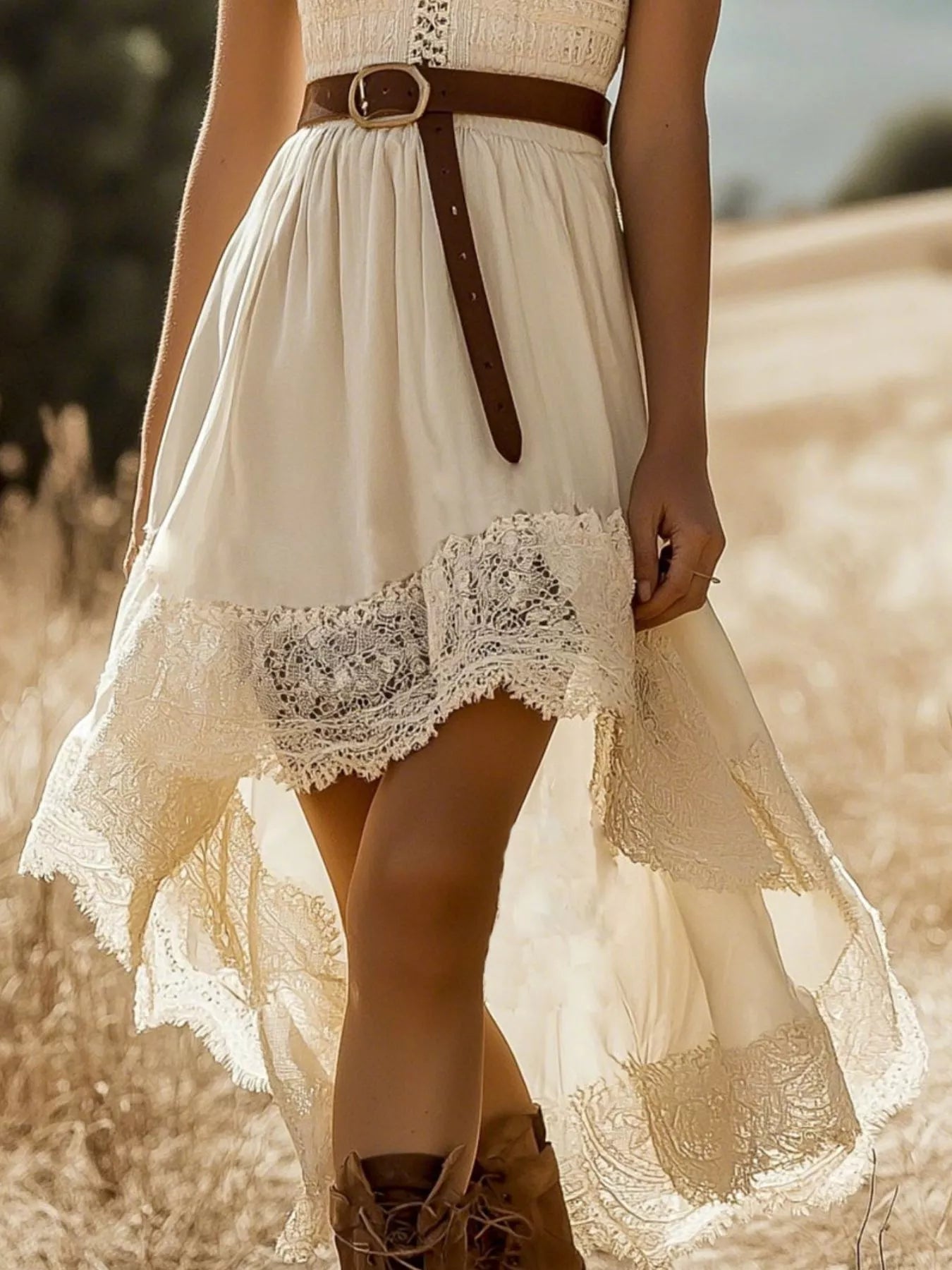 Lace Trim High-Low Sleeveless Boho Dress