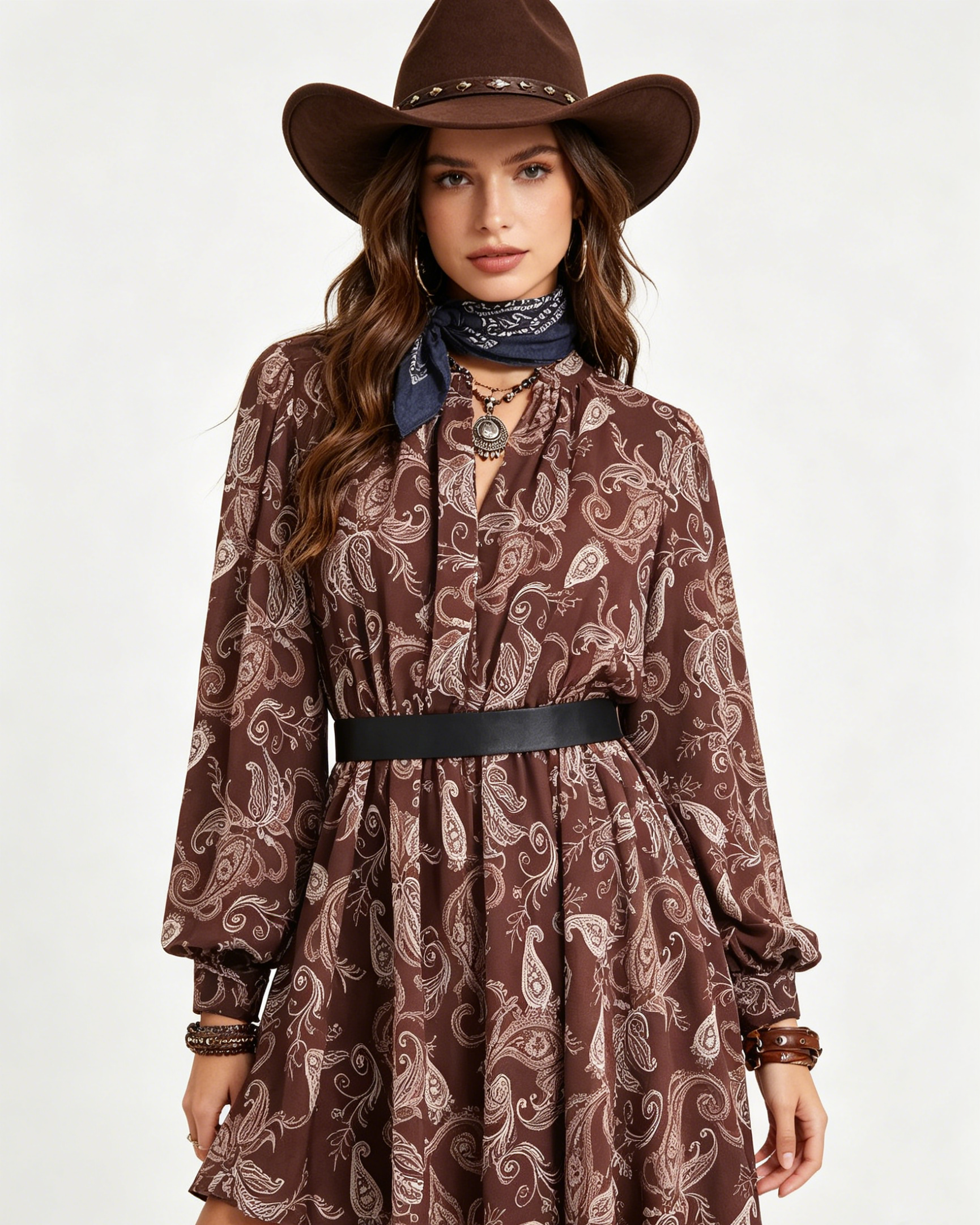 Brown Paisley High-Low Shirt Western Dress