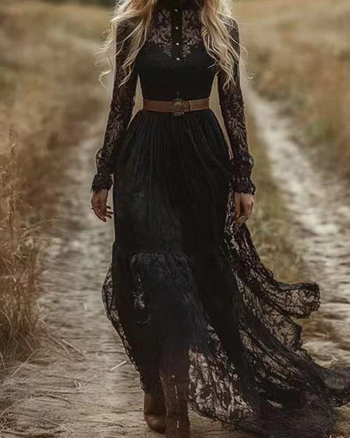 Long Sleeves Button Up Lace Maxi Western Dress