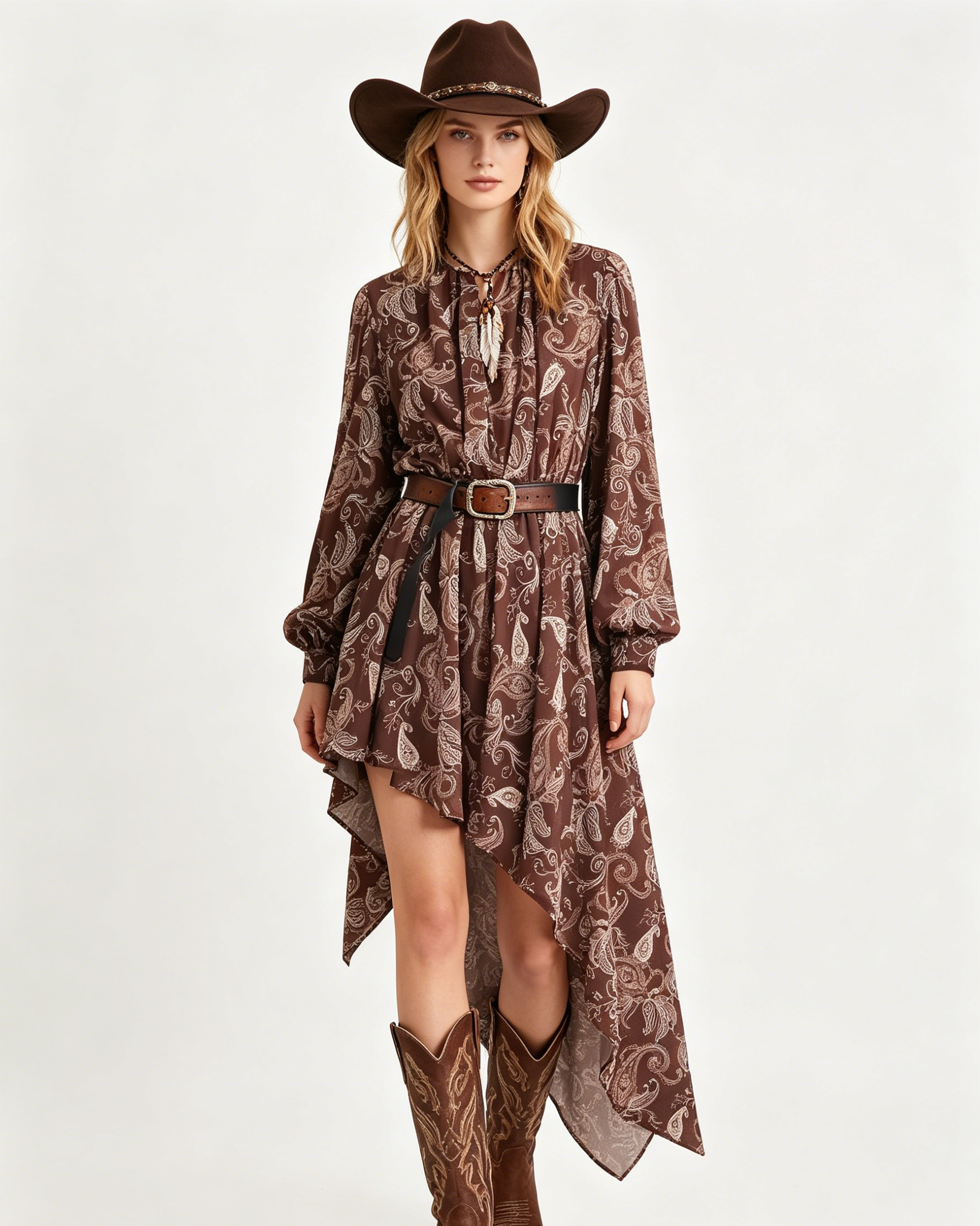 Brown Paisley High-Low Shirt Western Dress