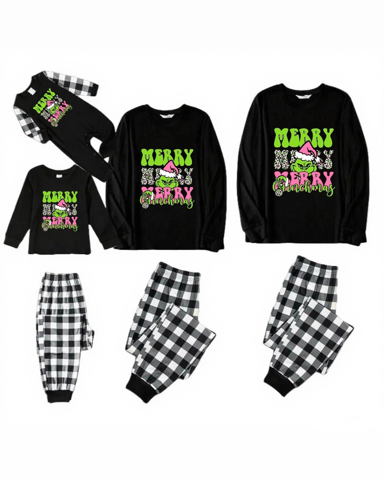 Pink Grinch-Black and White Plaid Family Christmas Pajamas