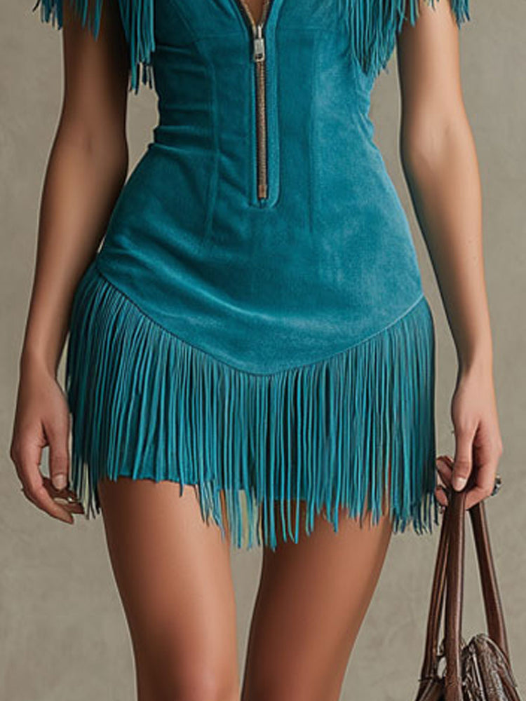 Lapel Zipper Tassel Slim-Fit Mini Western Style Dress
