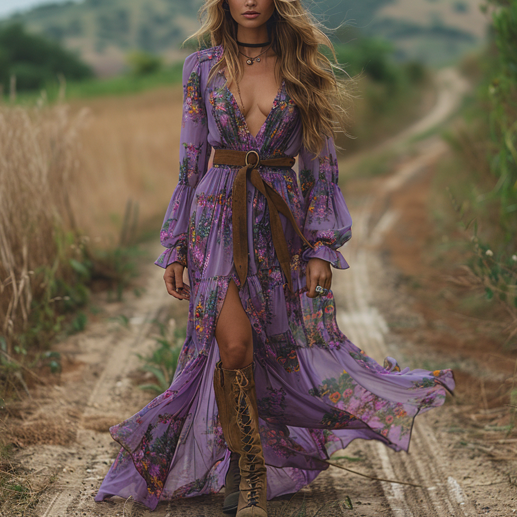 Floral Long-sleeved Long Skirt Country Pastoral Retro Boho Dress