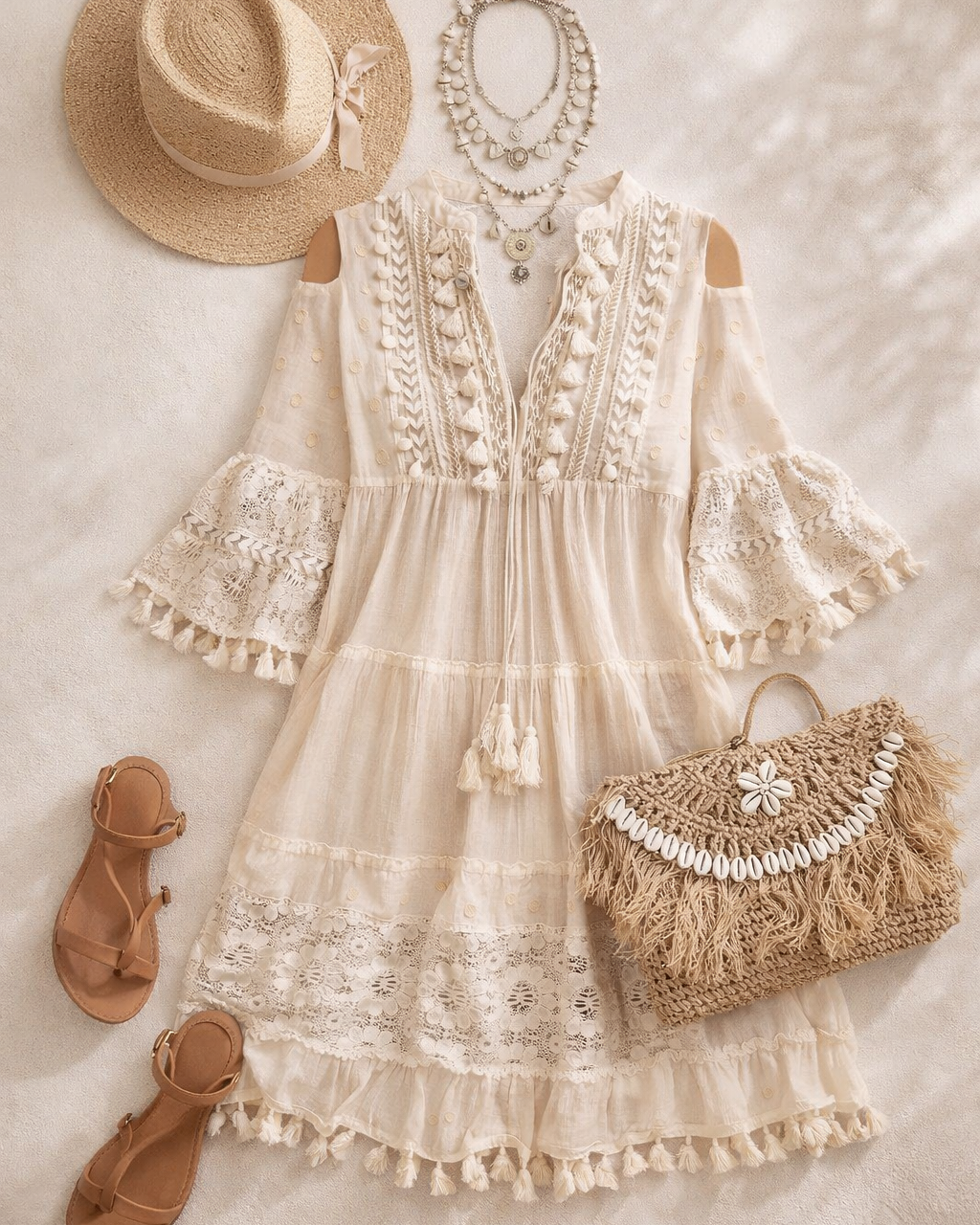 Boho Style Shoulder Tassel Lace Mini Dress