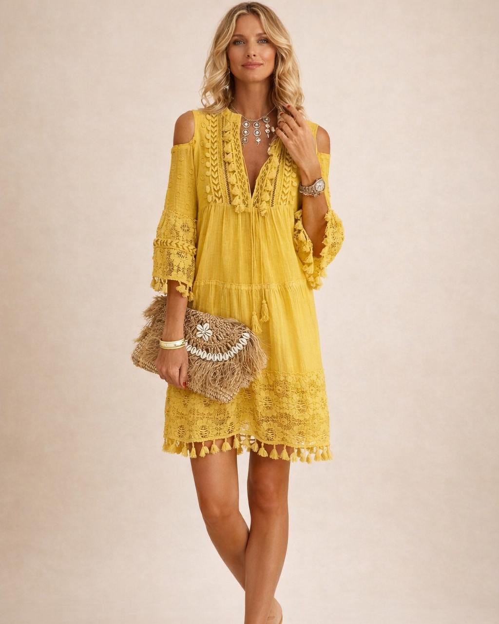 Boho Style Shoulder Tassel Lace Mini Dress