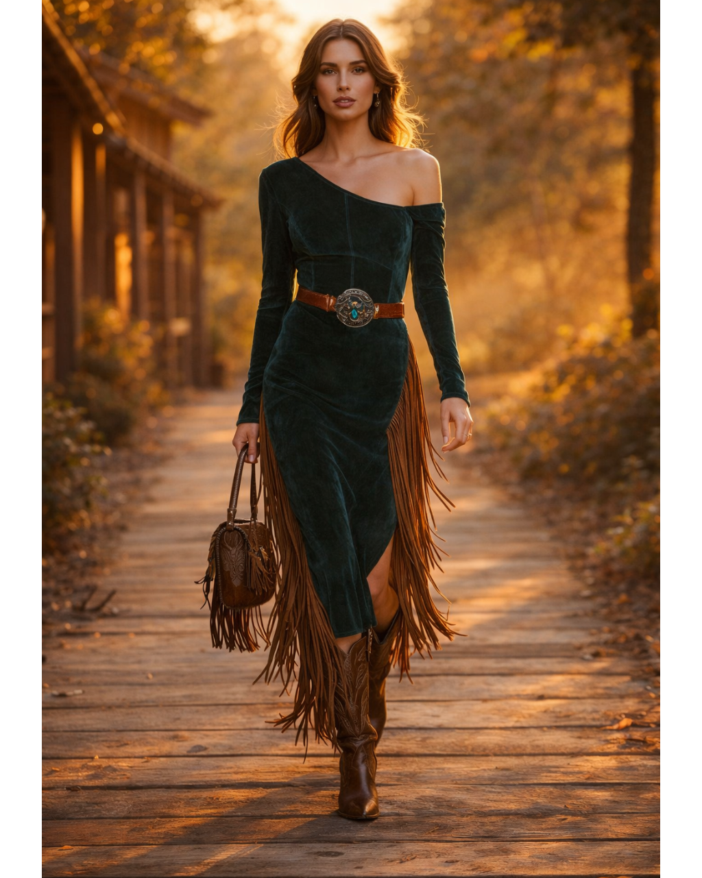 Western Green Faux Suede One-Shoulder Slit Patchwork Tassel Midi Boho Dress