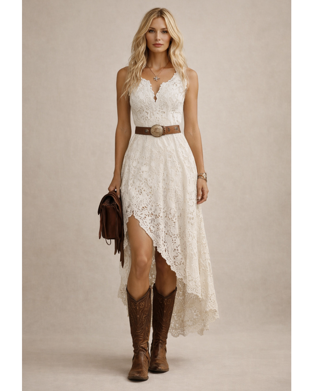 Retro Bohemian White Lace Sleeveless Midi Boho Dress