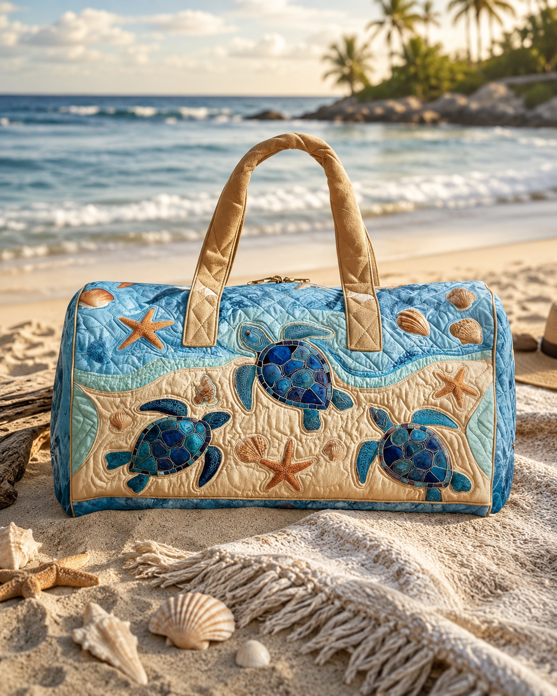 Ocean Turtle Print Hippie Van Quilted Duffle Bag
