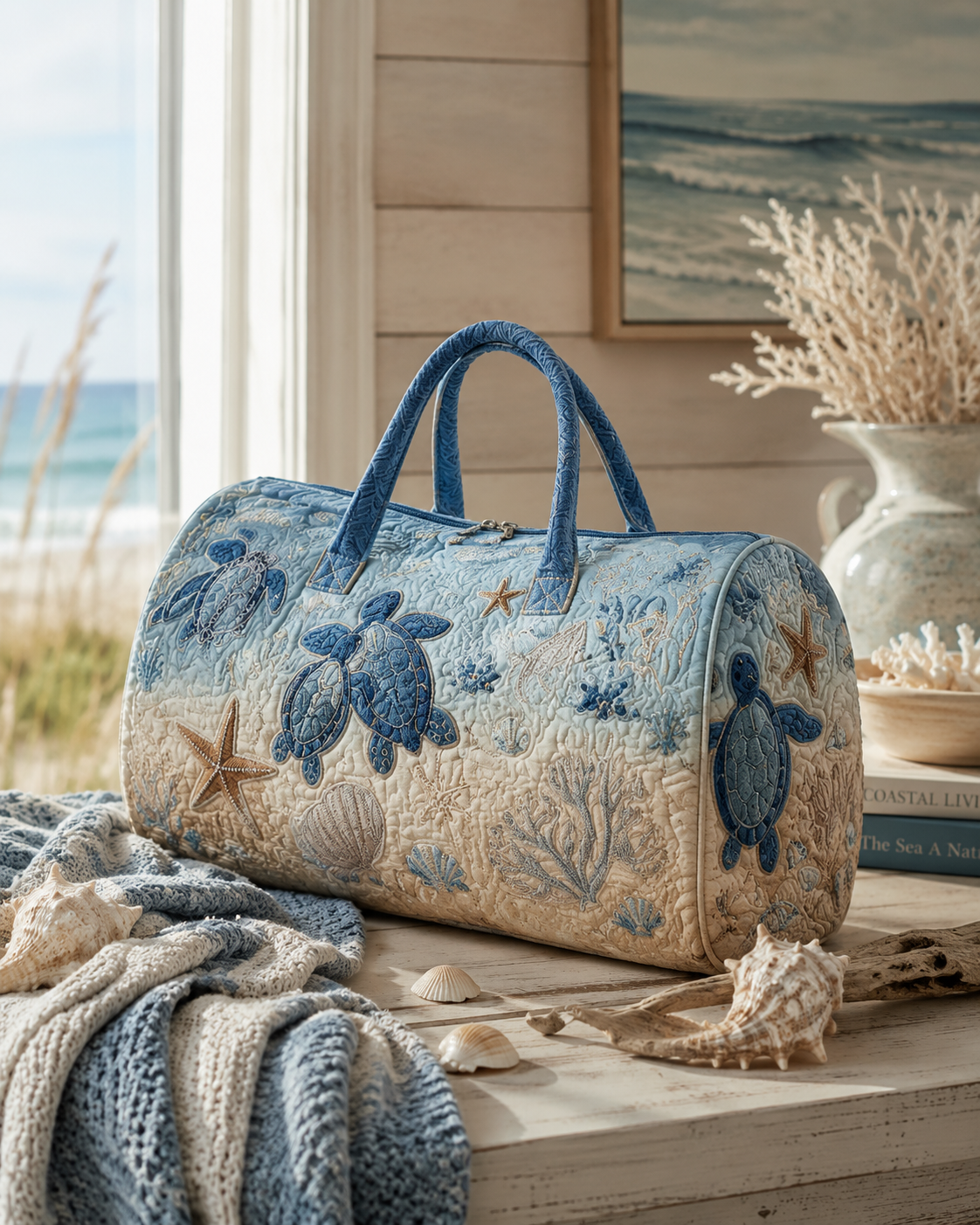 Ocean Turtle Print Hippie Van Quilted Duffle Bag