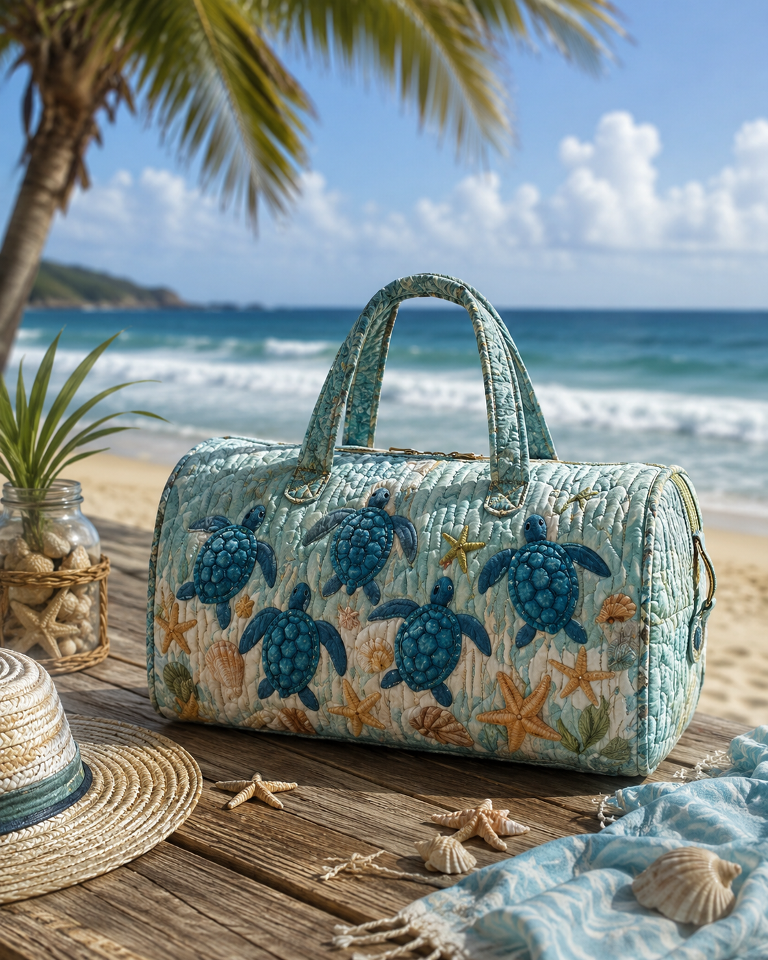 Ocean Turtle Print Hippie Van Quilted Duffle Bag