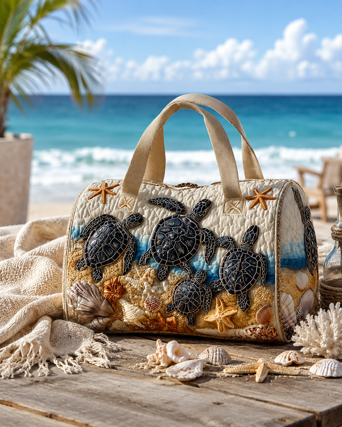 Ocean Turtle Print Hippie Van Quilted Duffle Bag