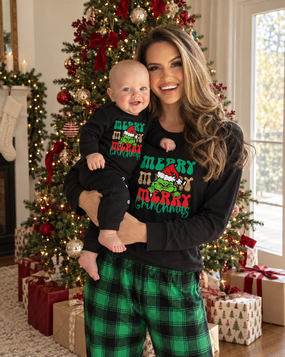 Grinch Delight-Green Plaid Family Christmas Pajamas
