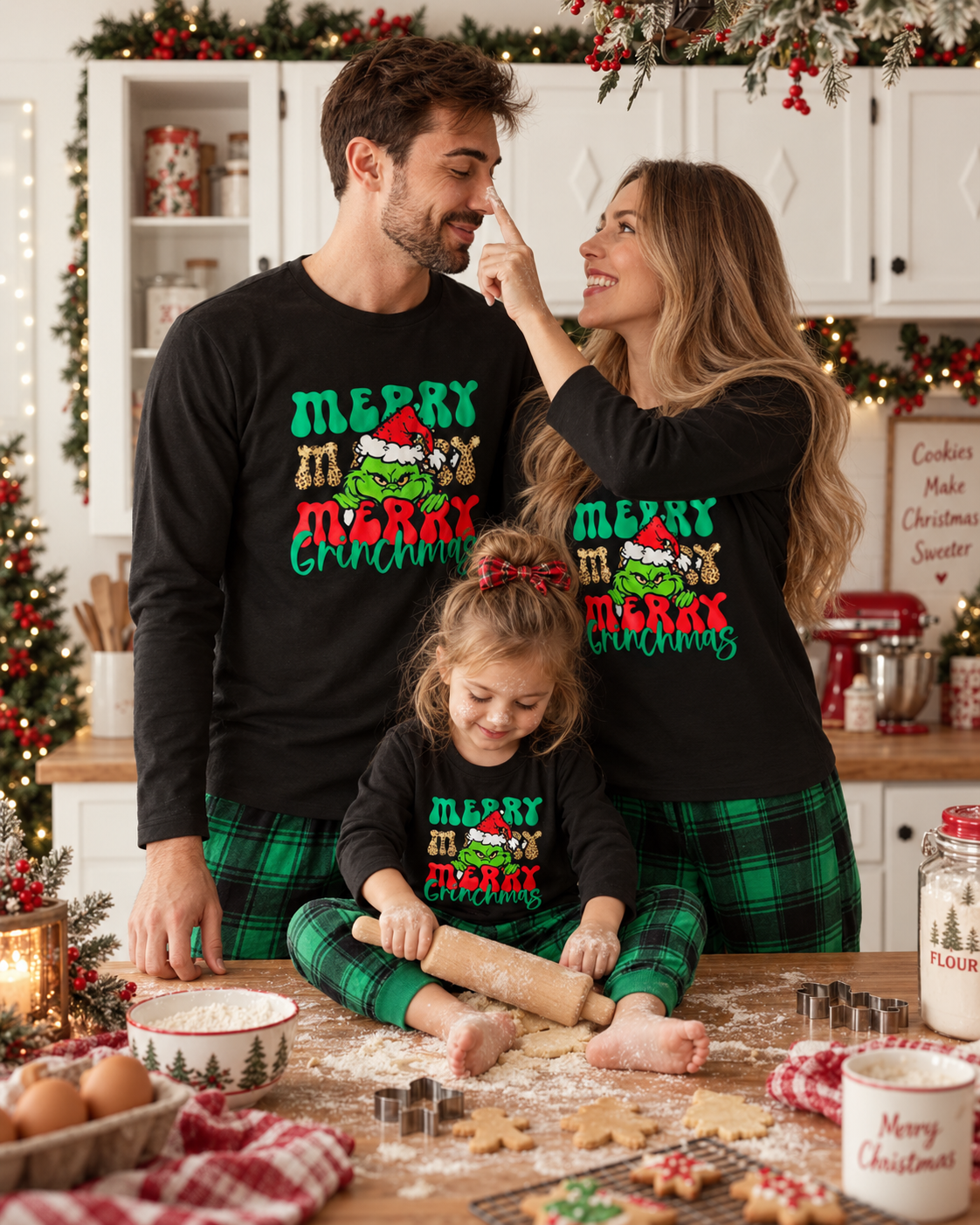 Grinch Delight-Green Plaid Family Christmas Pajamas