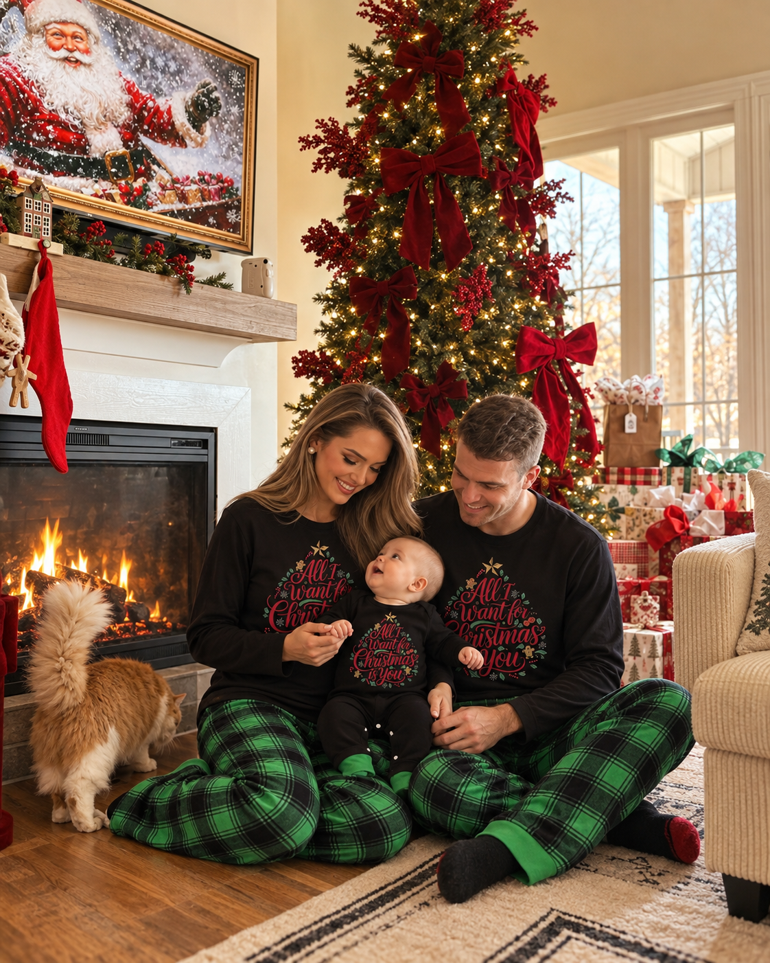 ALL I WANT-Green Plaid Family Christmas Pajamas
