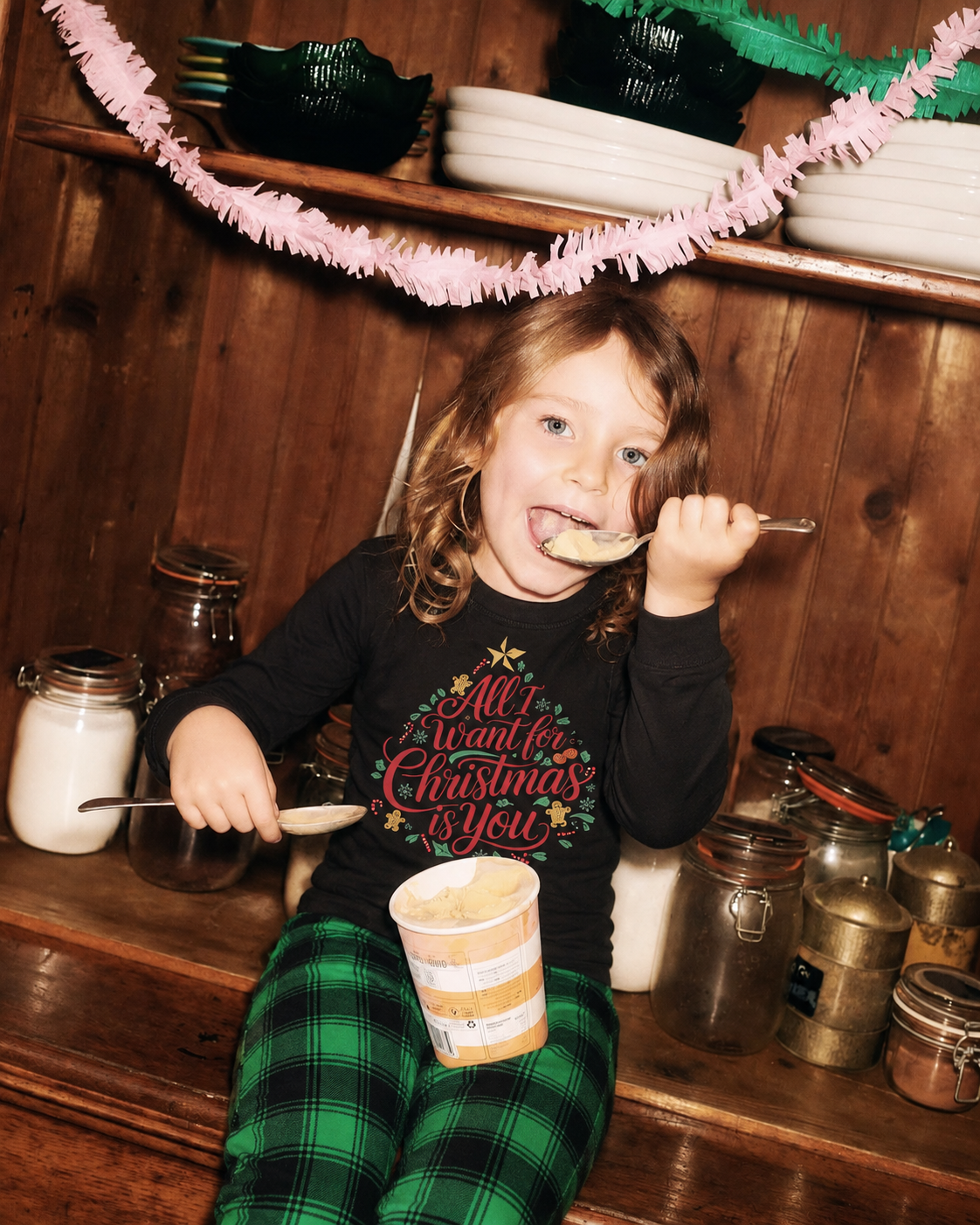 ALL I WANT-Green Plaid Family Christmas Pajamas