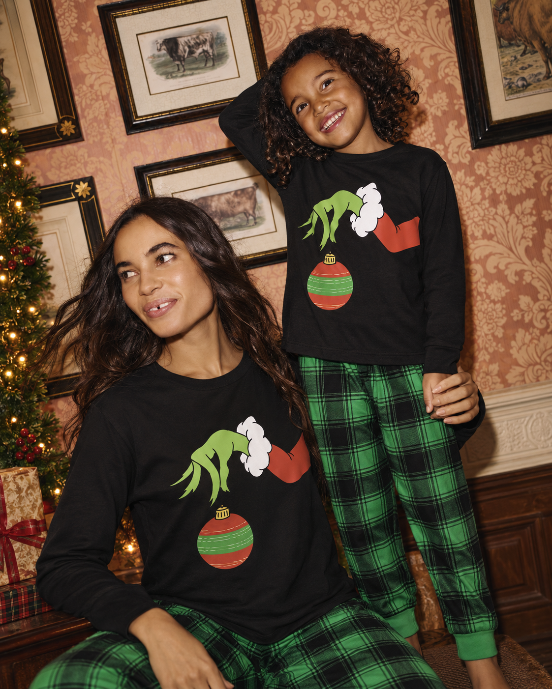 Grinch Mood-Green Plaid Family Christmas Pajamas