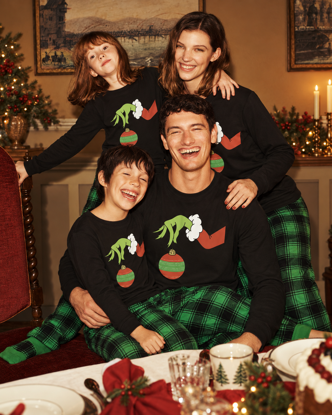 Grinch Mood-Green Plaid Family Christmas Pajamas