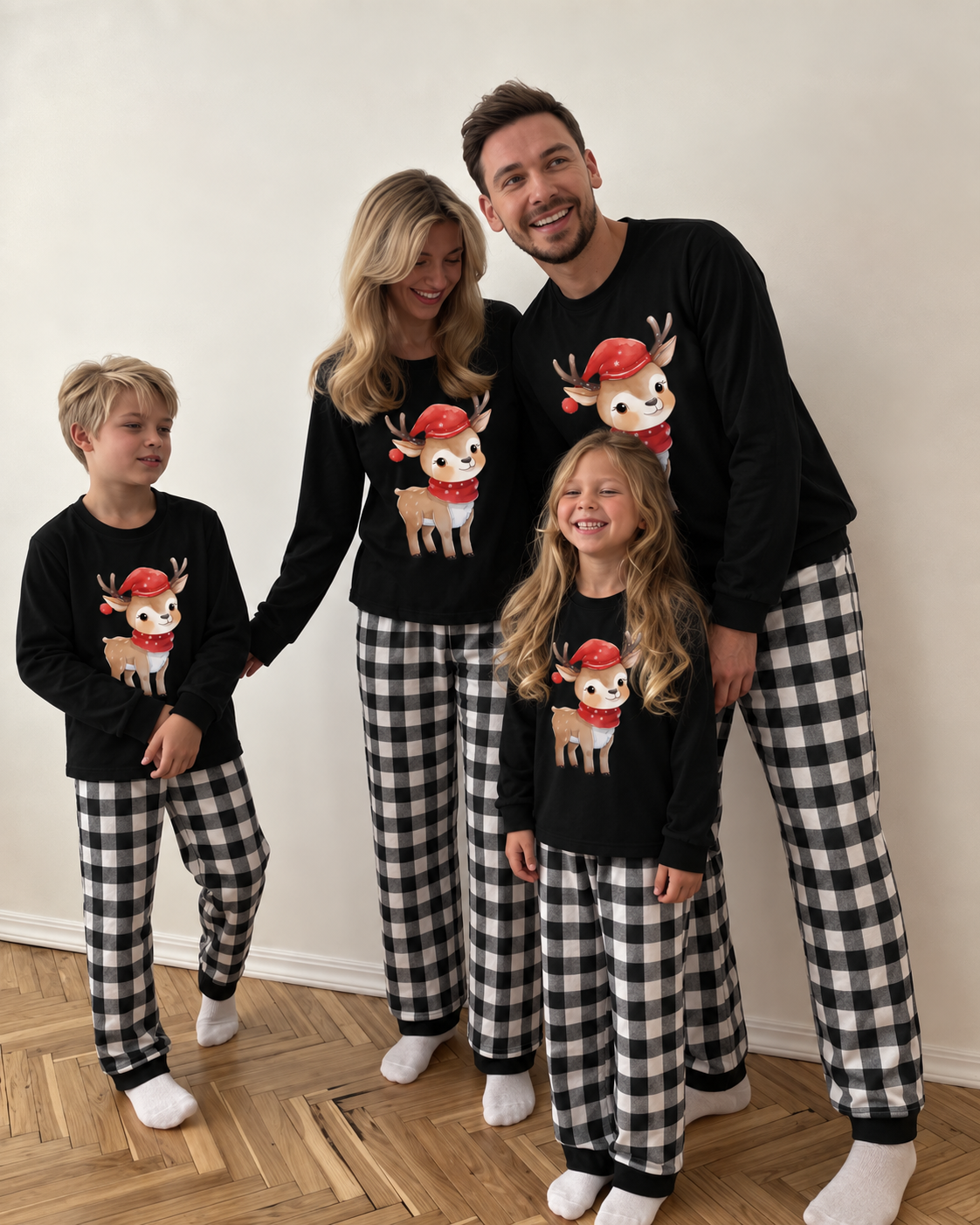 Reindeer Dream-Black and White Plaid Family Christmas Pajamas