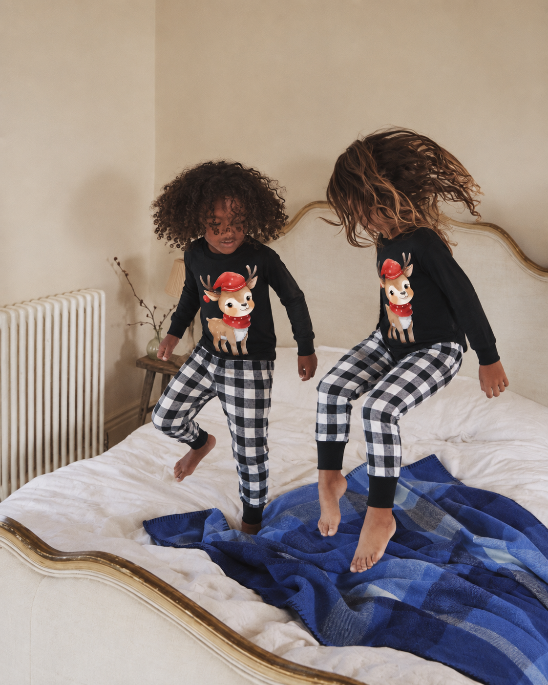 Reindeer Dream-Black and White Plaid Family Christmas Pajamas